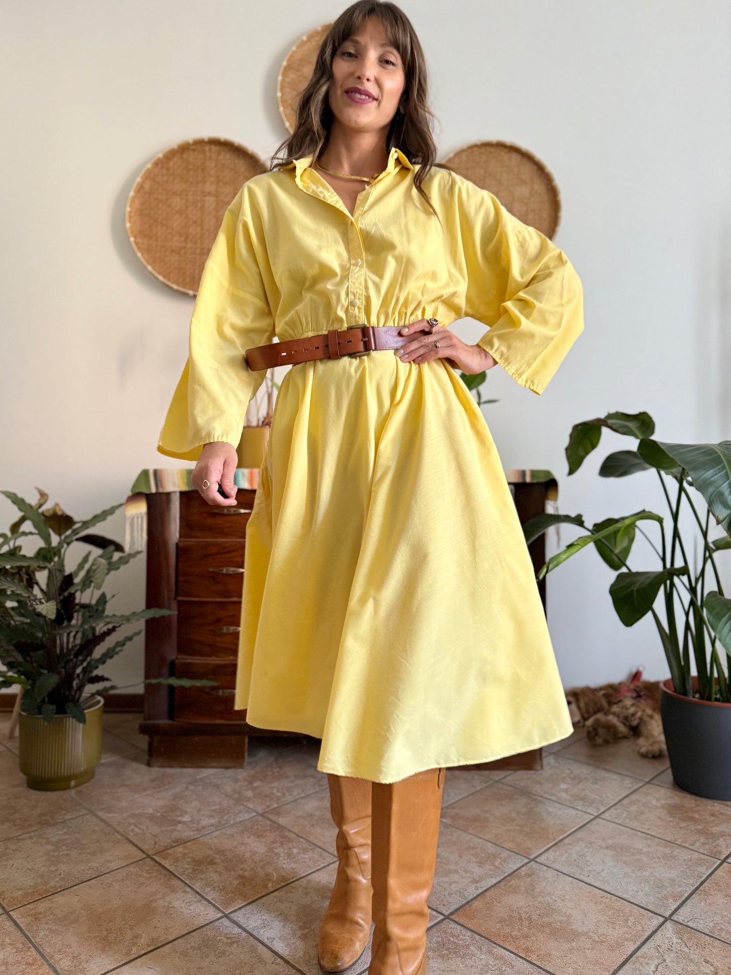1970's vintage yellow cotton button down midi dress