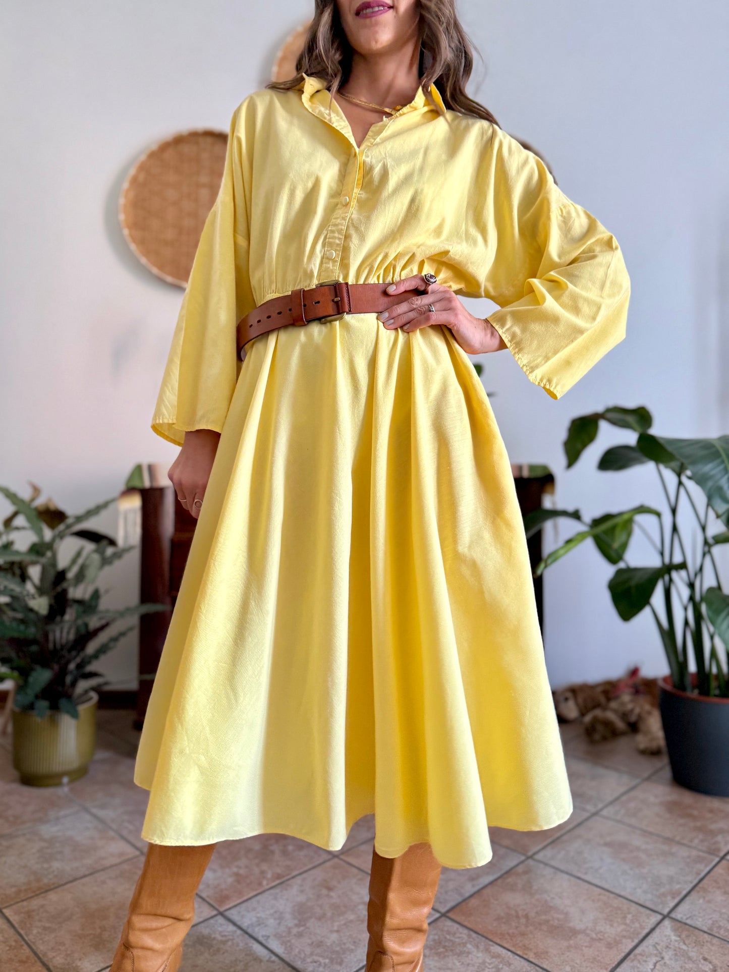 1970's vintage yellow cotton button down midi dress