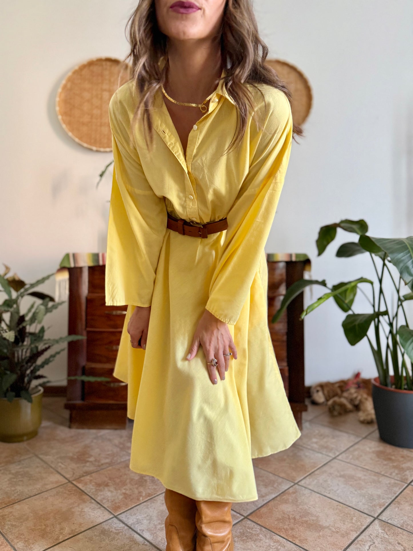 1970's vintage yellow cotton button down midi dress