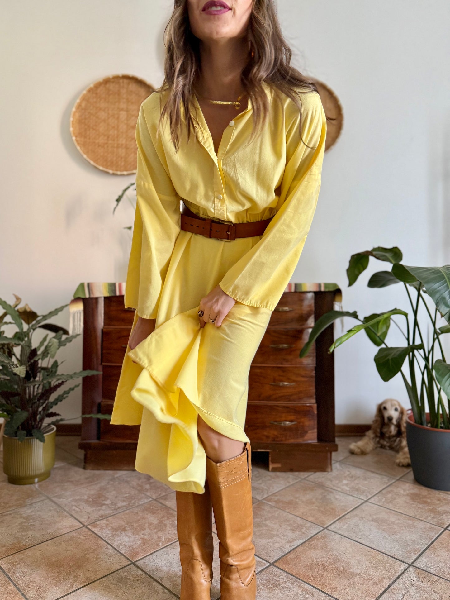 1970's vintage yellow cotton button down midi dress