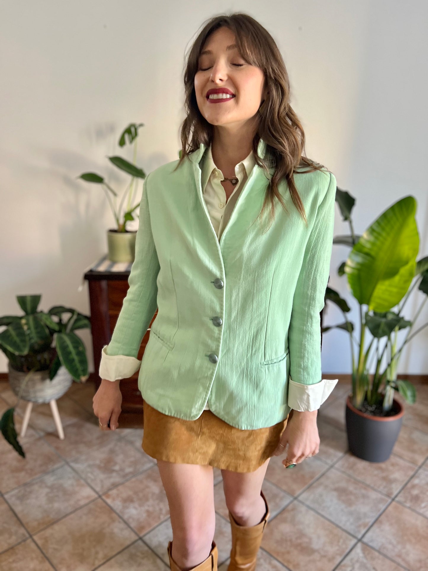 1970's vintage mint green wool spring blazer with mint green glitter buttons