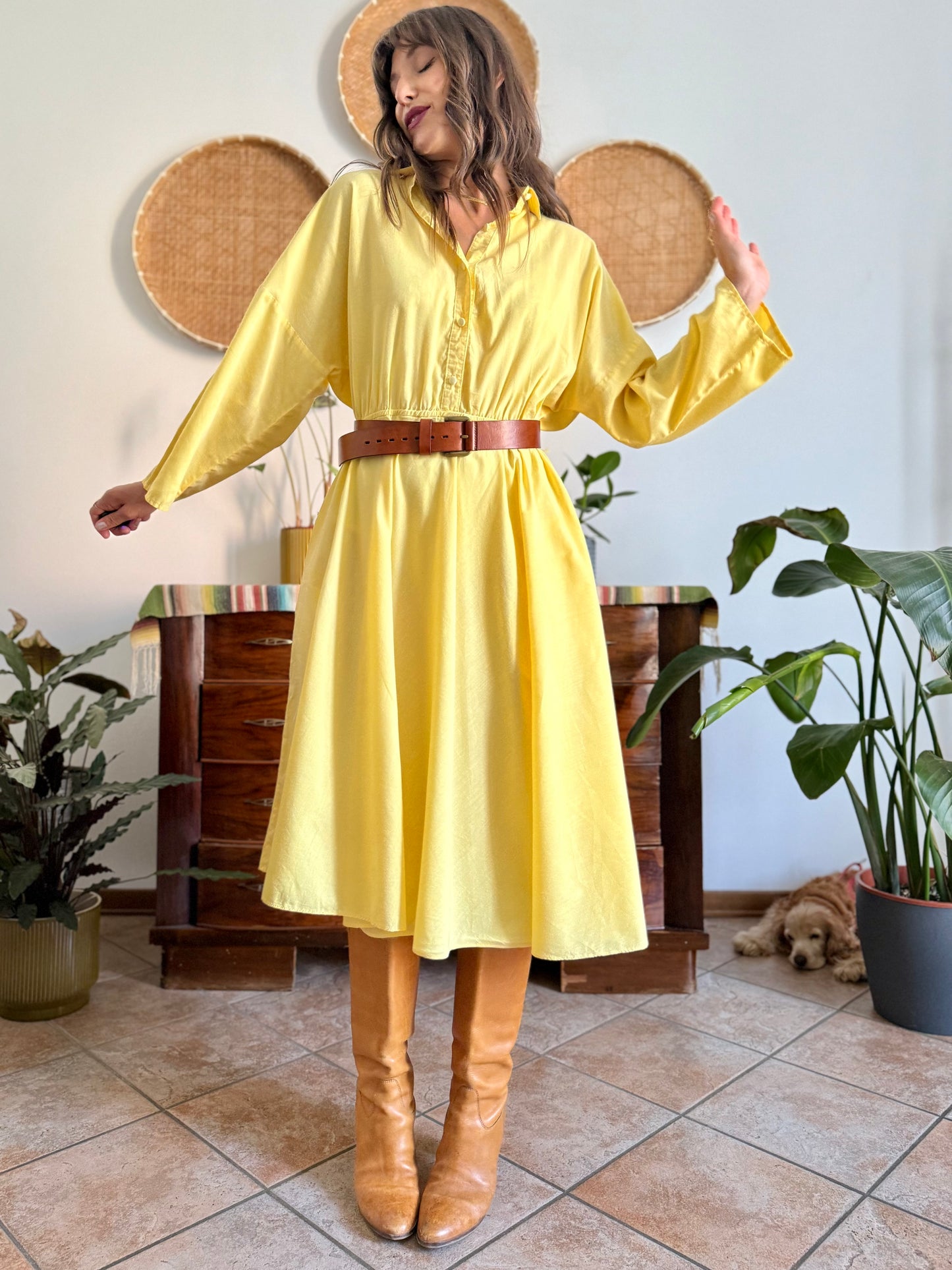 1970's vintage yellow cotton button down midi dress