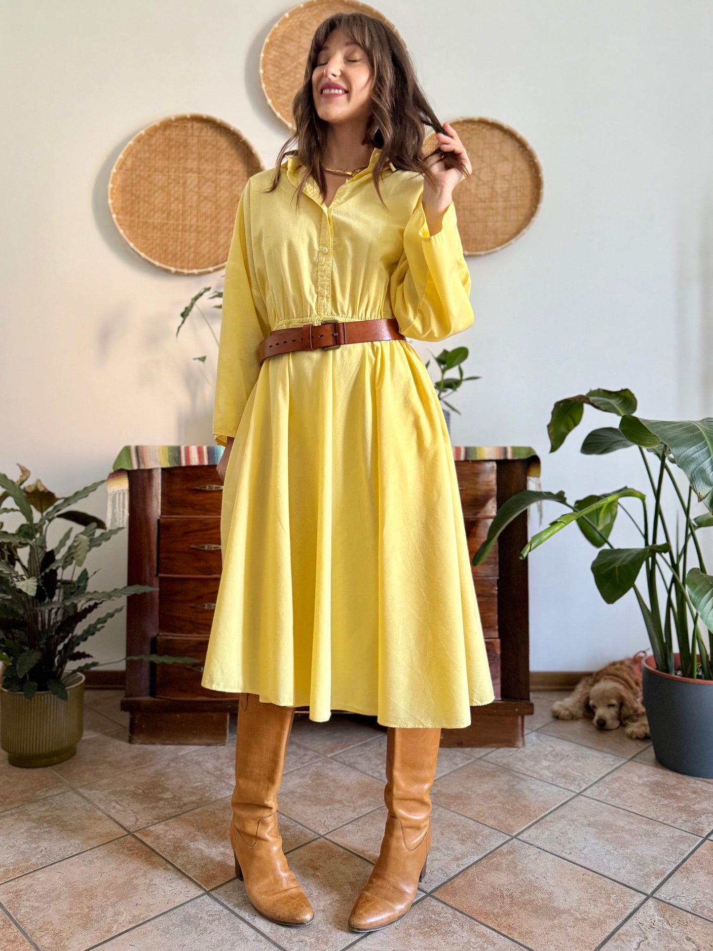 1970's vintage yellow cotton button down midi dress