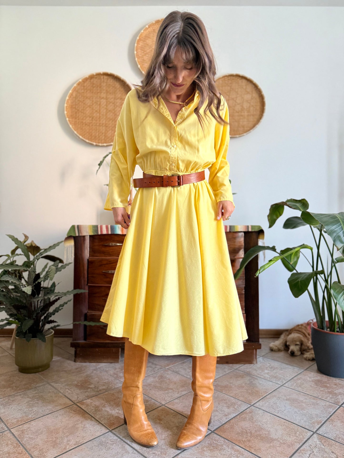 1970's vintage yellow cotton button down midi dress