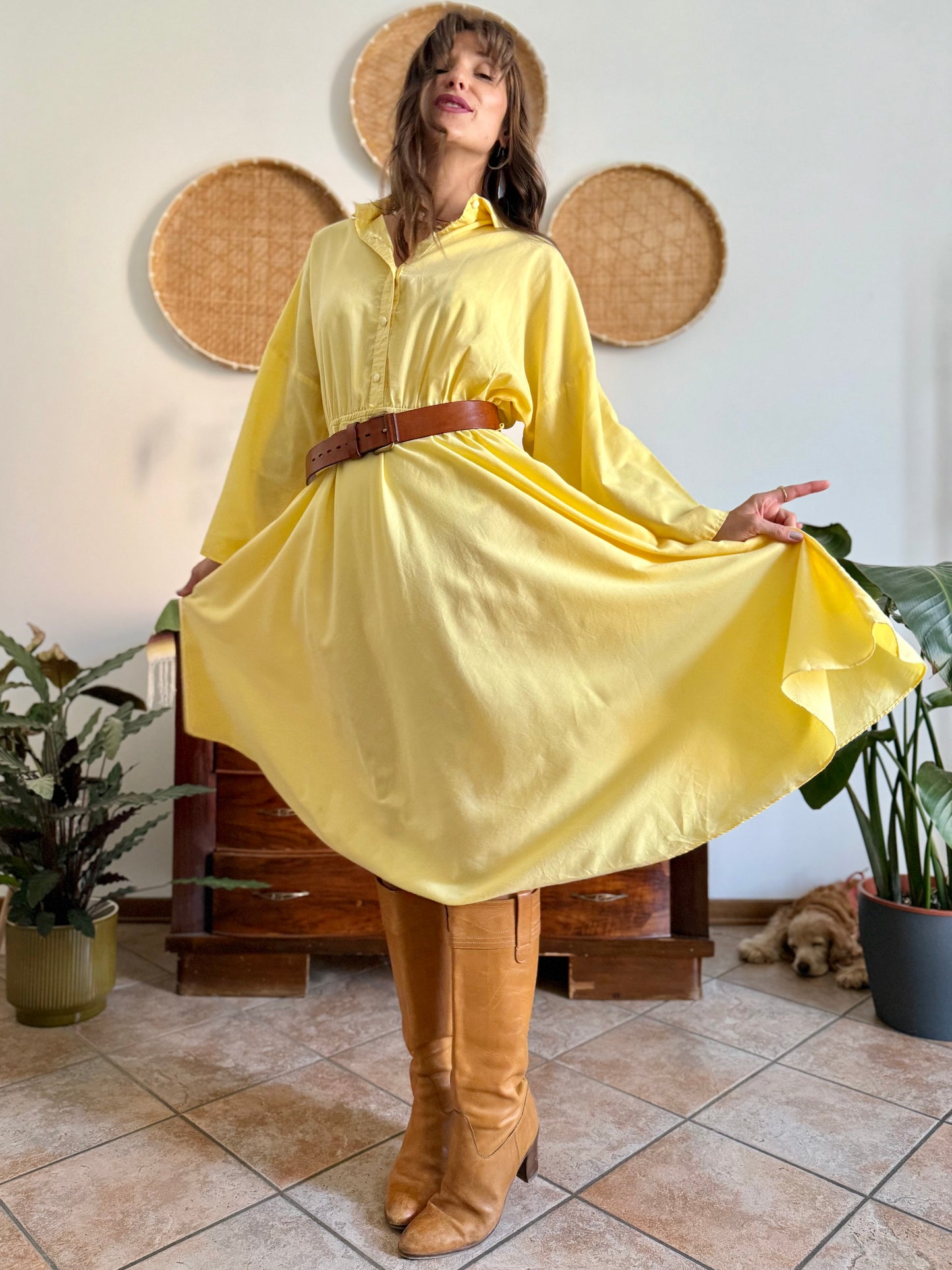 1970's vintage yellow cotton button down midi dress