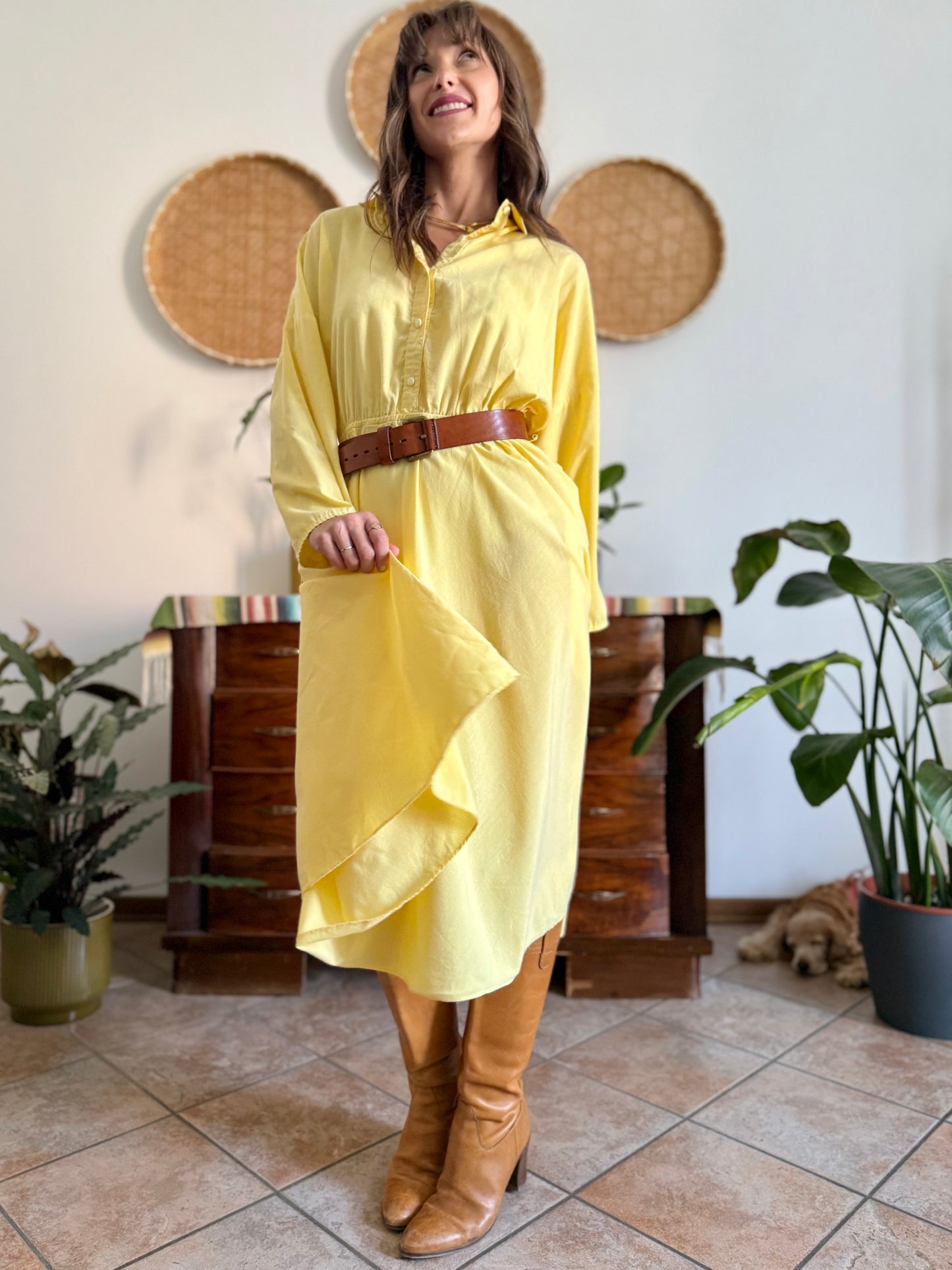 1970's vintage yellow cotton button down midi dress