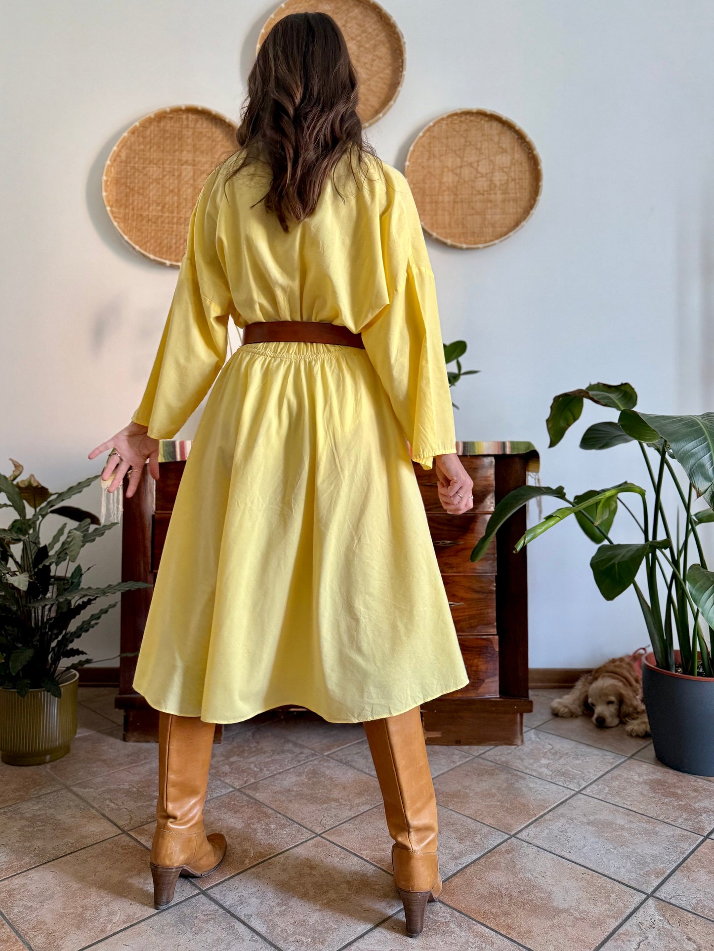 1970's vintage yellow cotton button down midi dress