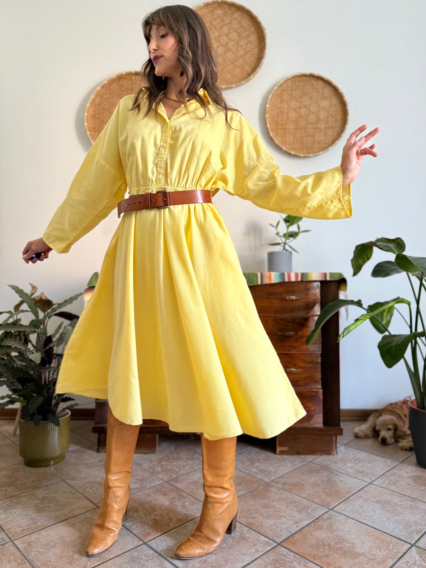 1970's vintage yellow cotton button down midi dress