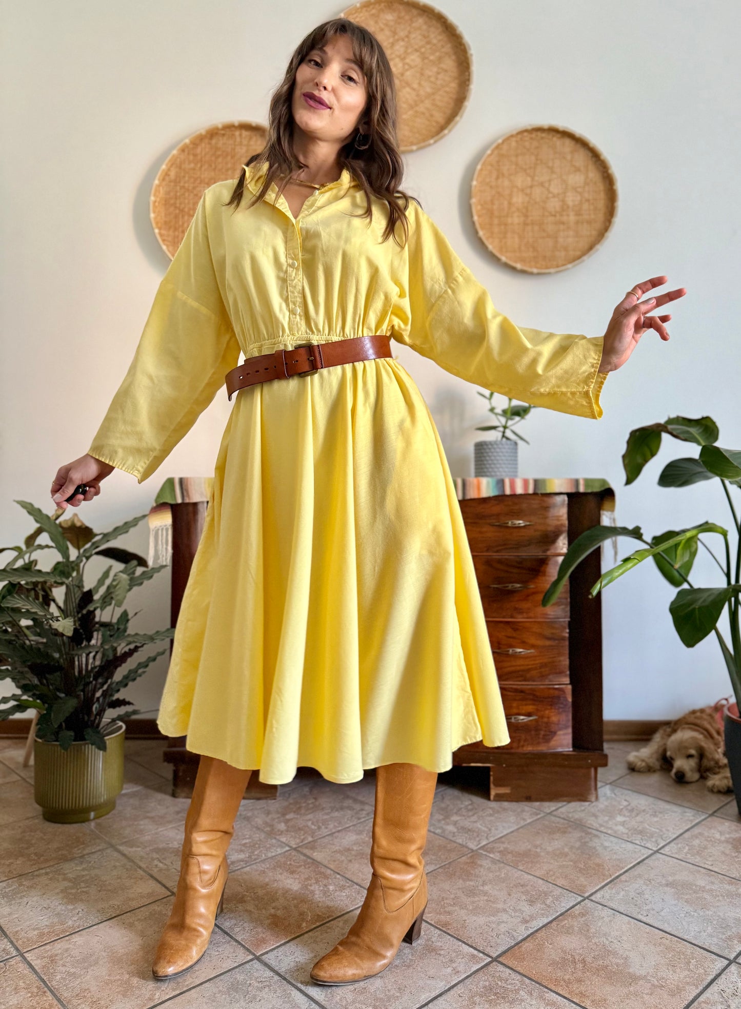 1970's vintage yellow cotton button down midi dress
