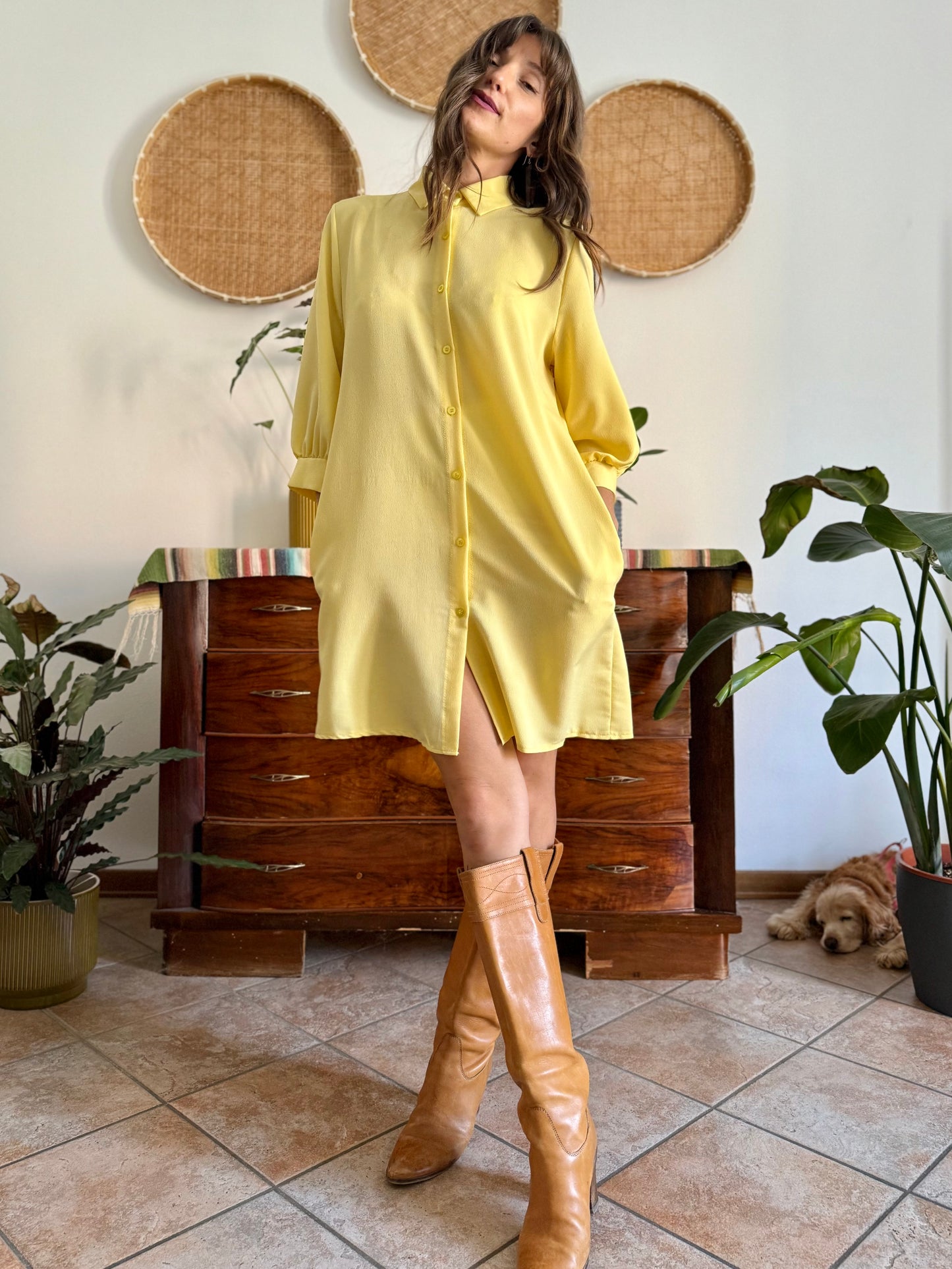 Y2k vintage semi sheer yellow shirt dress