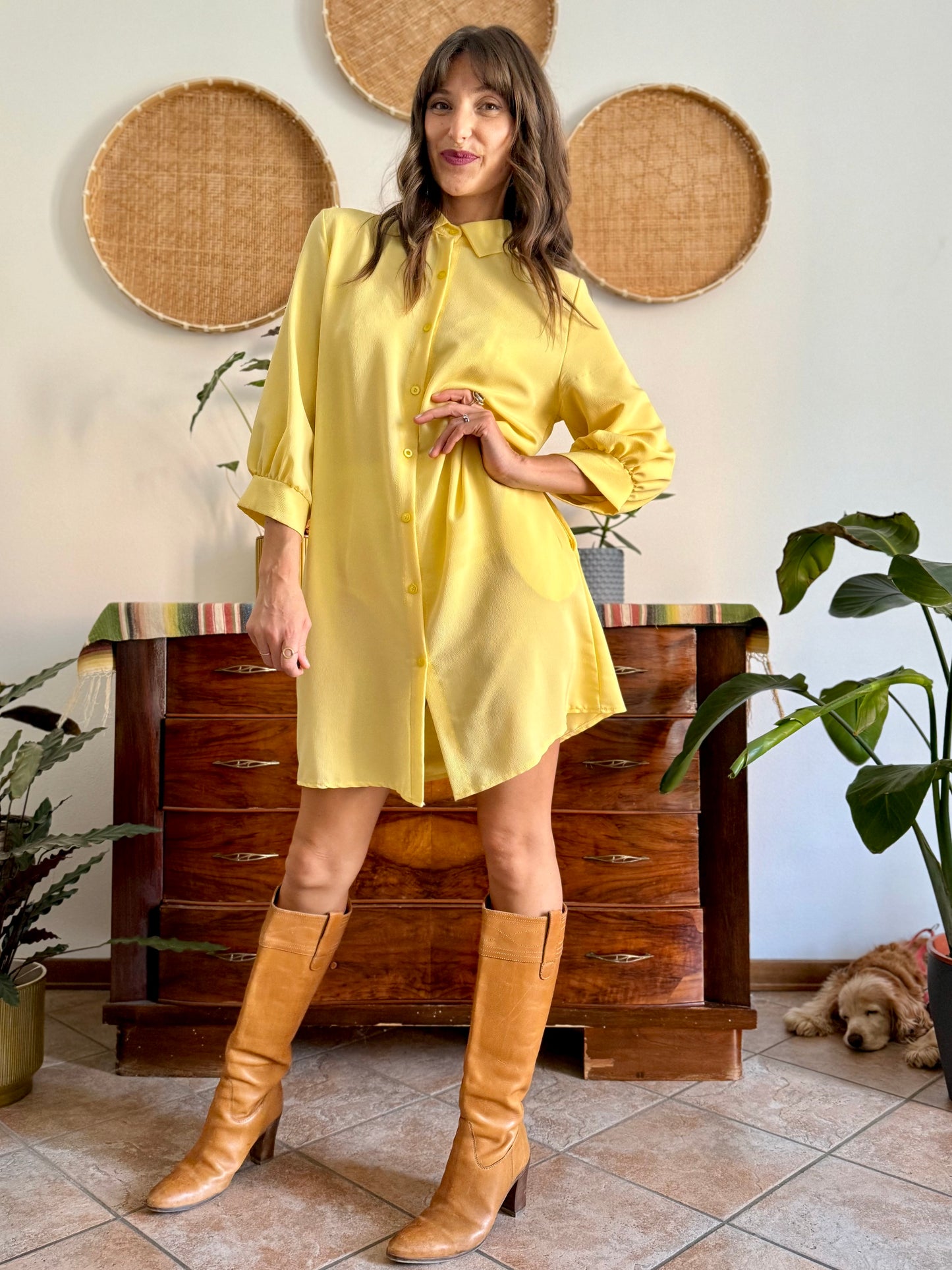 Y2k vintage semi sheer yellow shirt dress