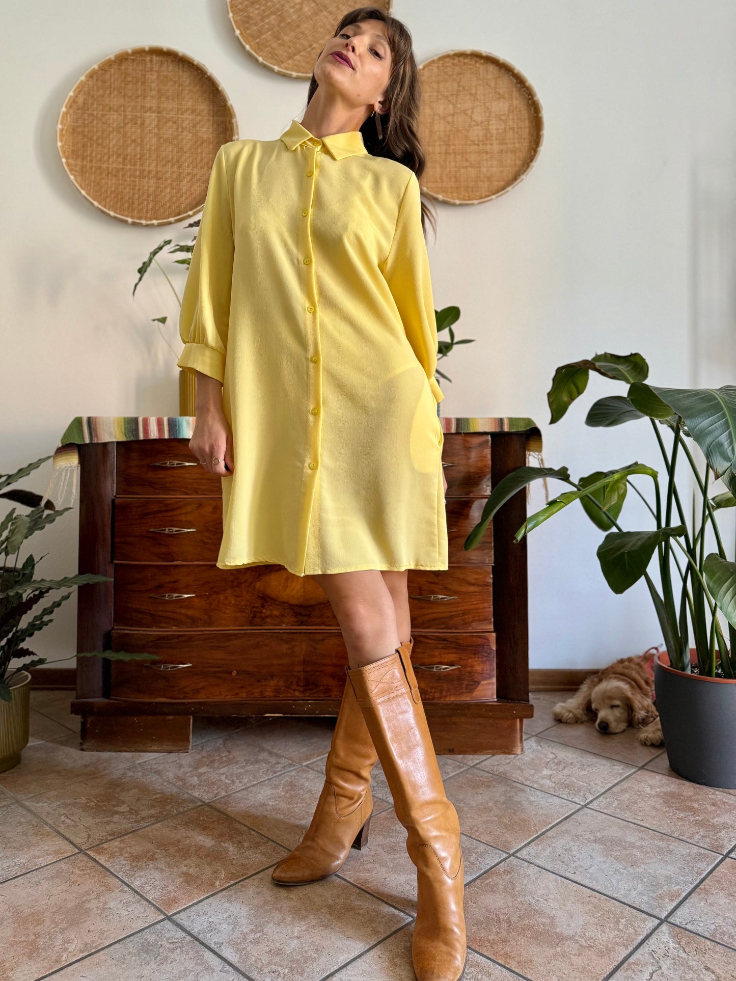 Y2k vintage semi sheer yellow shirt dress