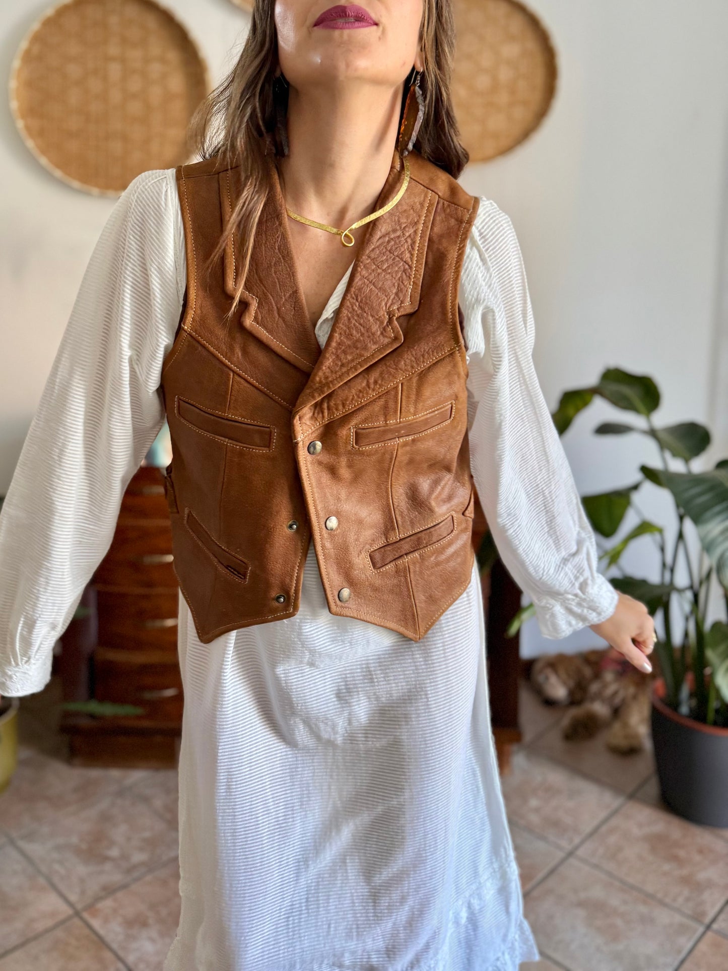 1970's vintage camell leather western vest