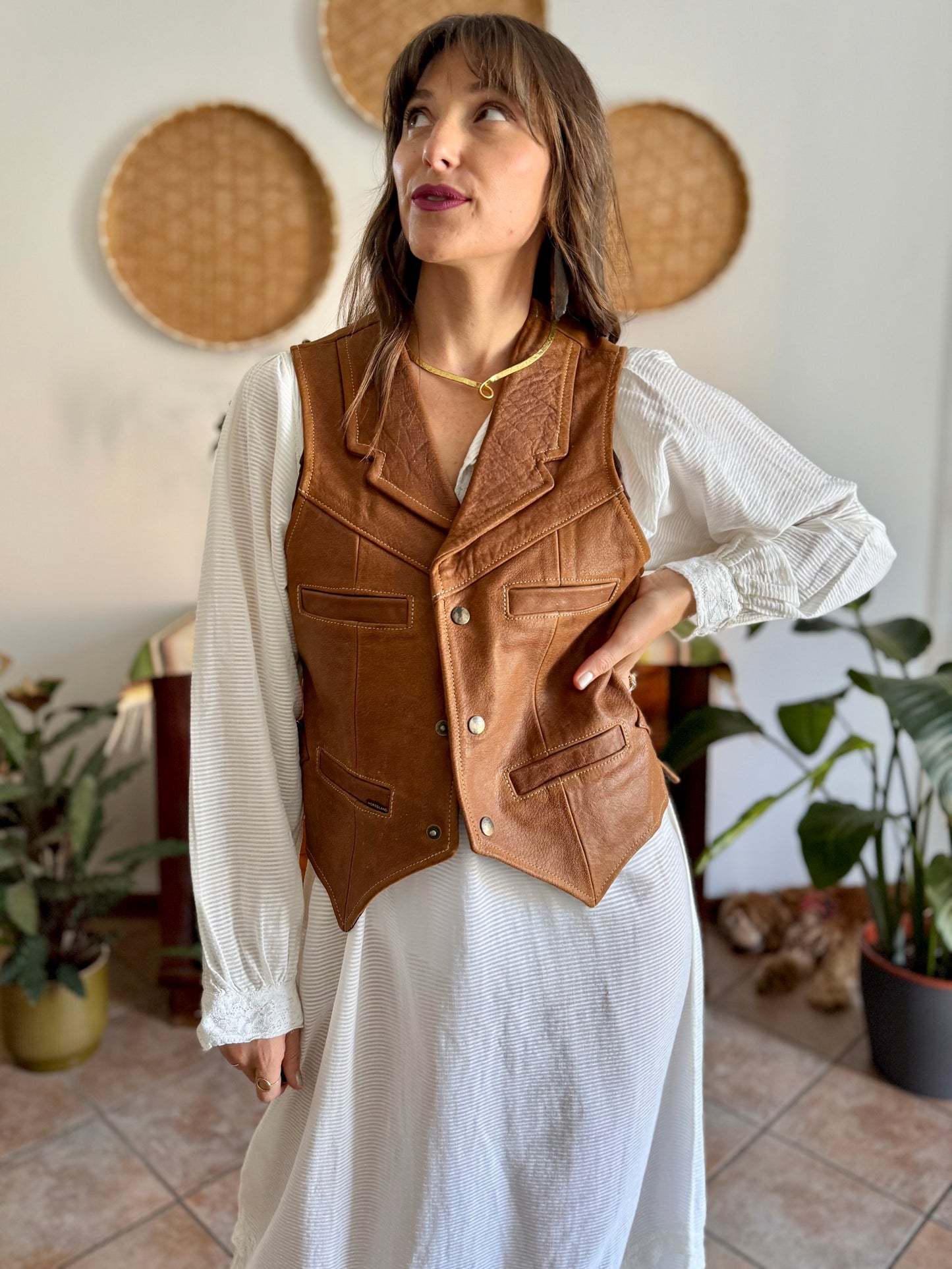 1970's vintage camell leather western vest