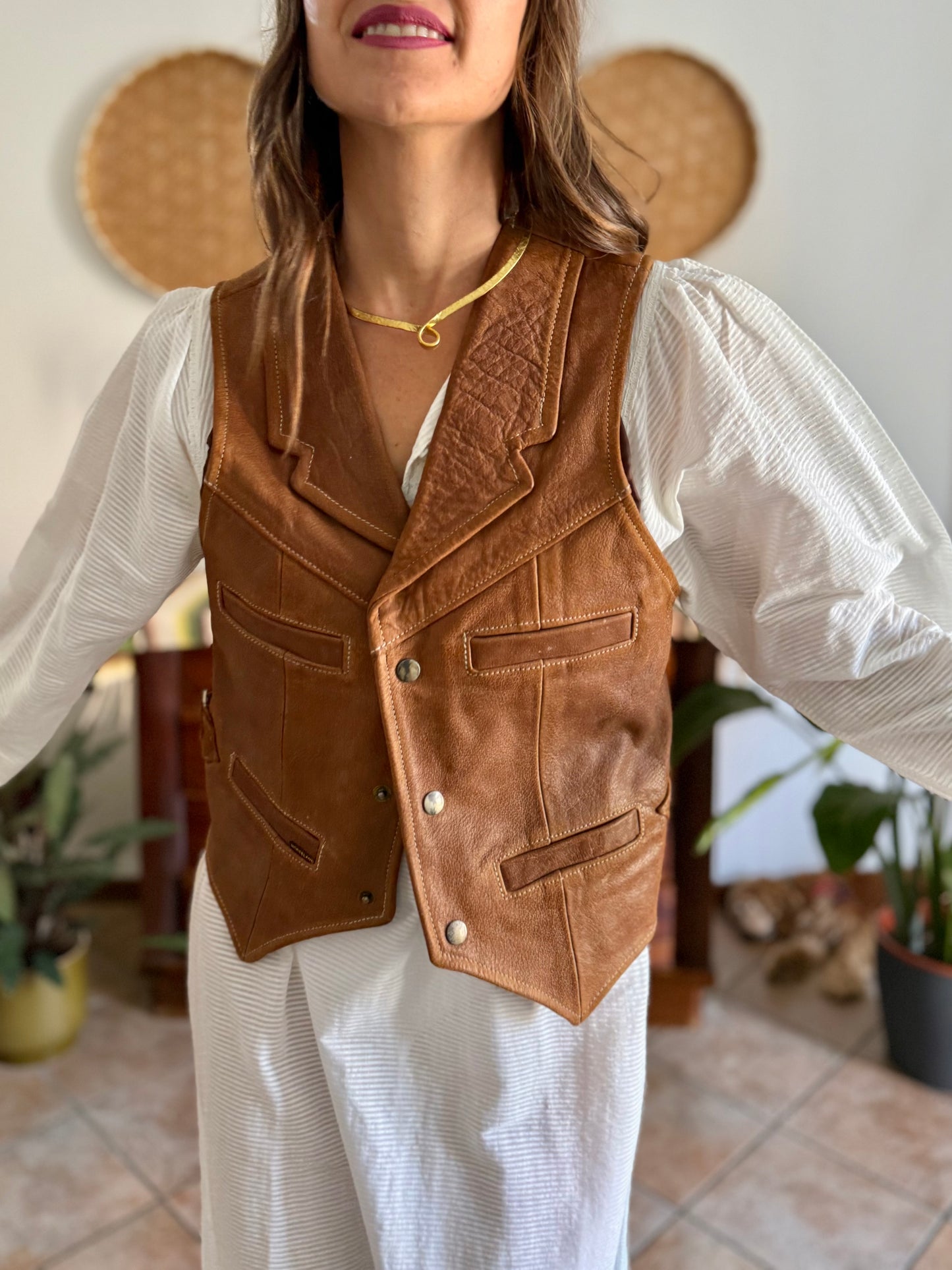 1970's vintage camell leather western vest