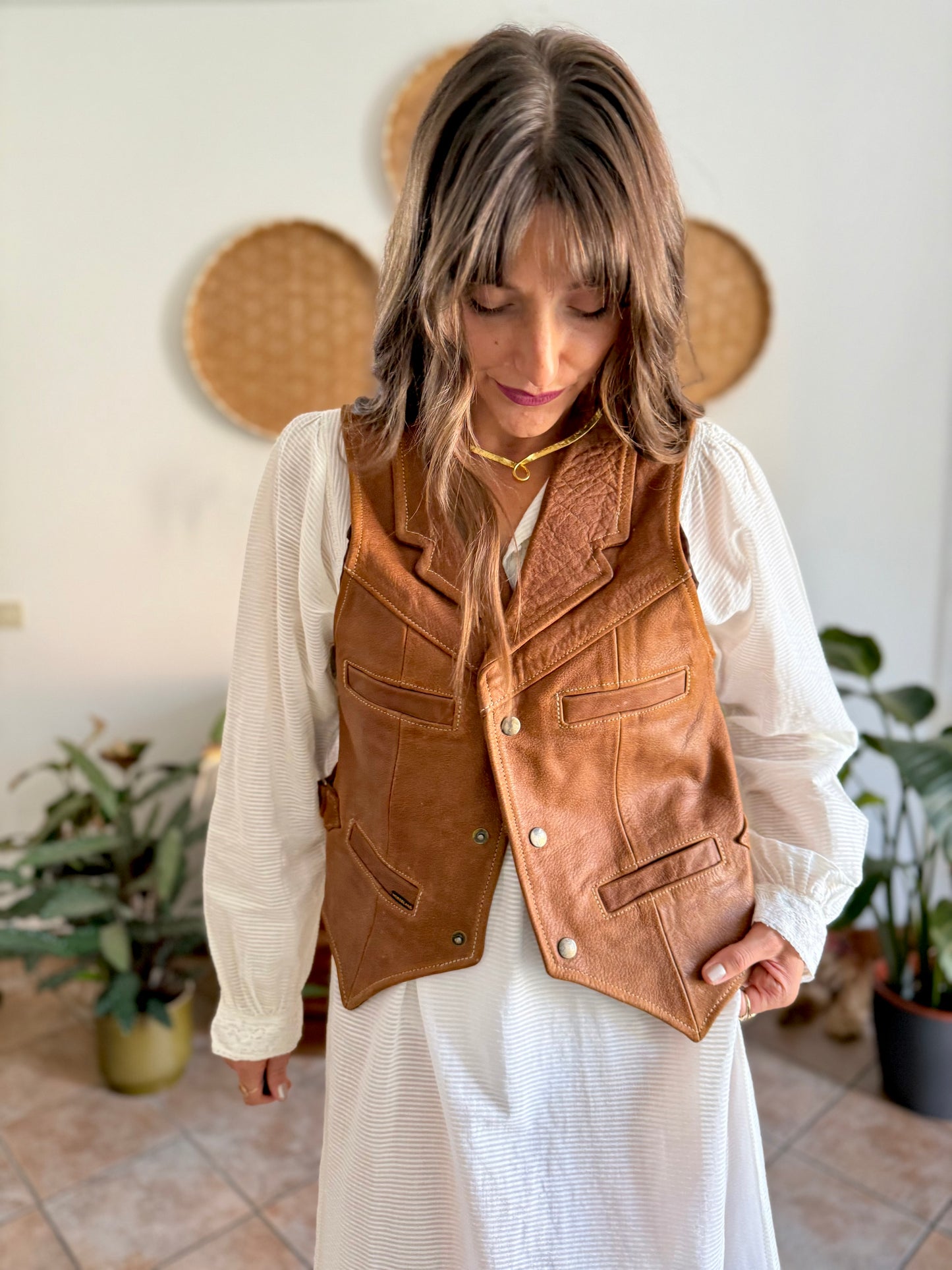 1970's vintage camell leather western vest