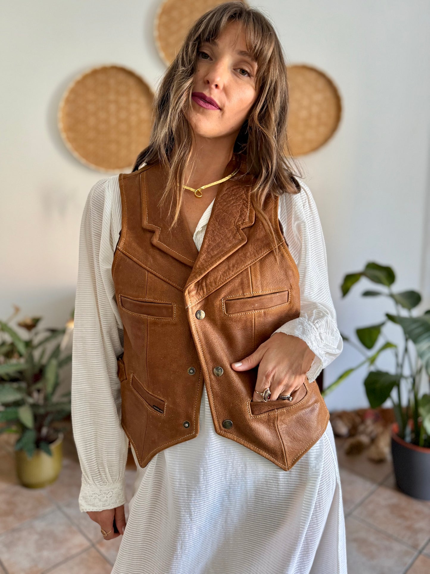 1970's vintage camell leather western vest