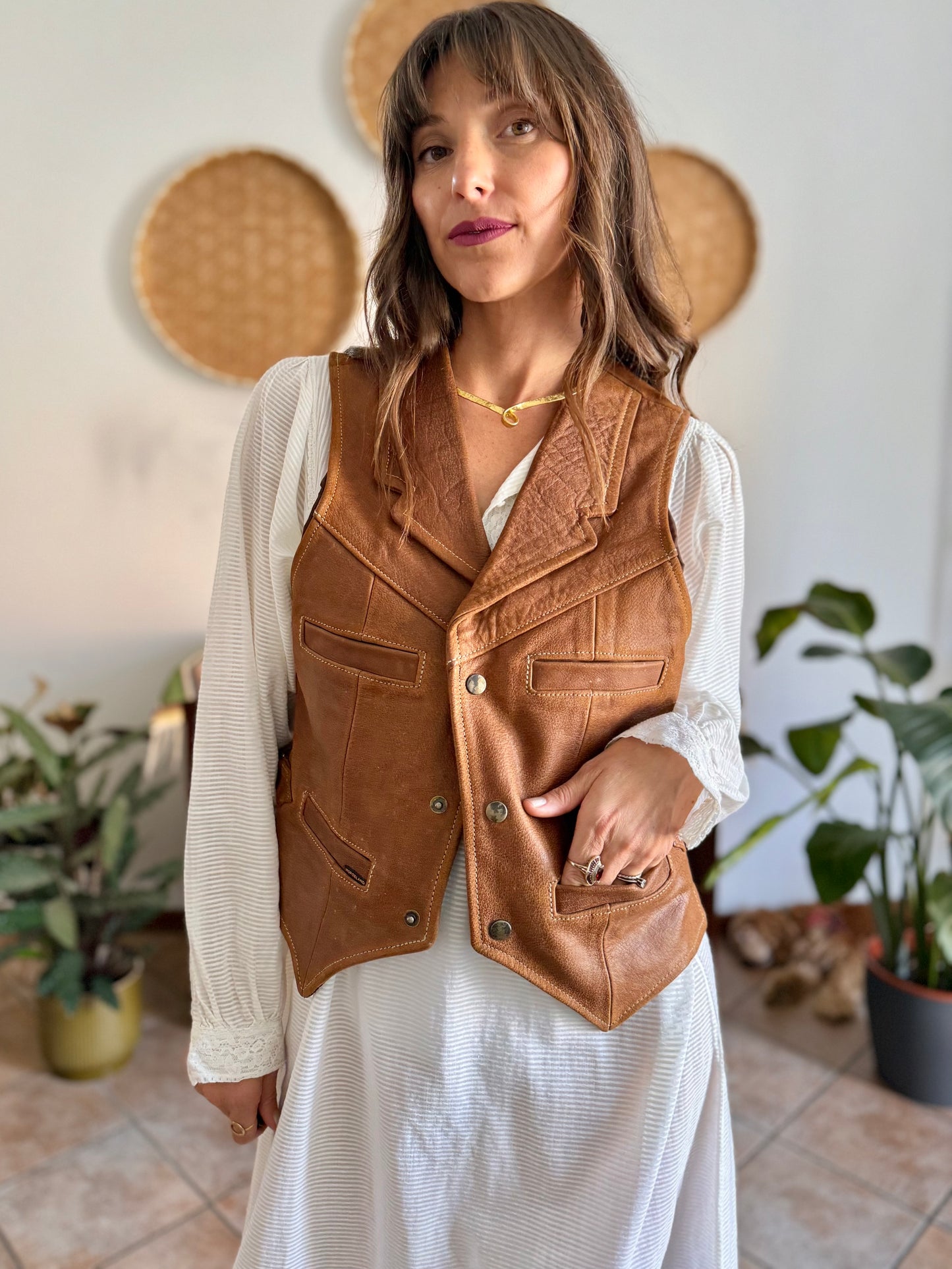 1970's vintage camell leather western vest