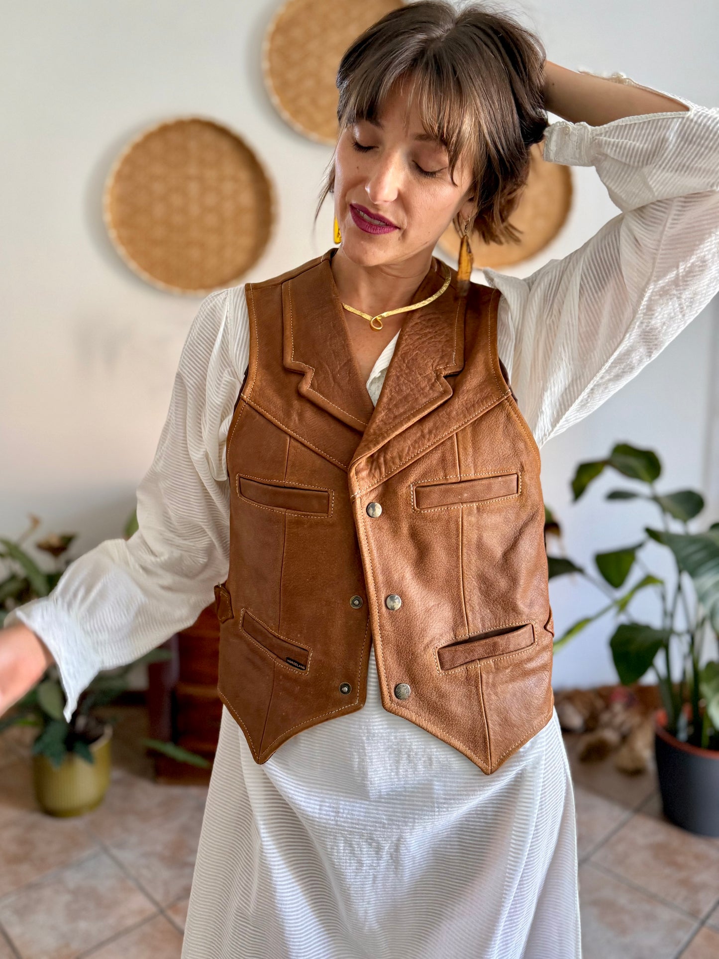 1970's vintage camell leather western vest