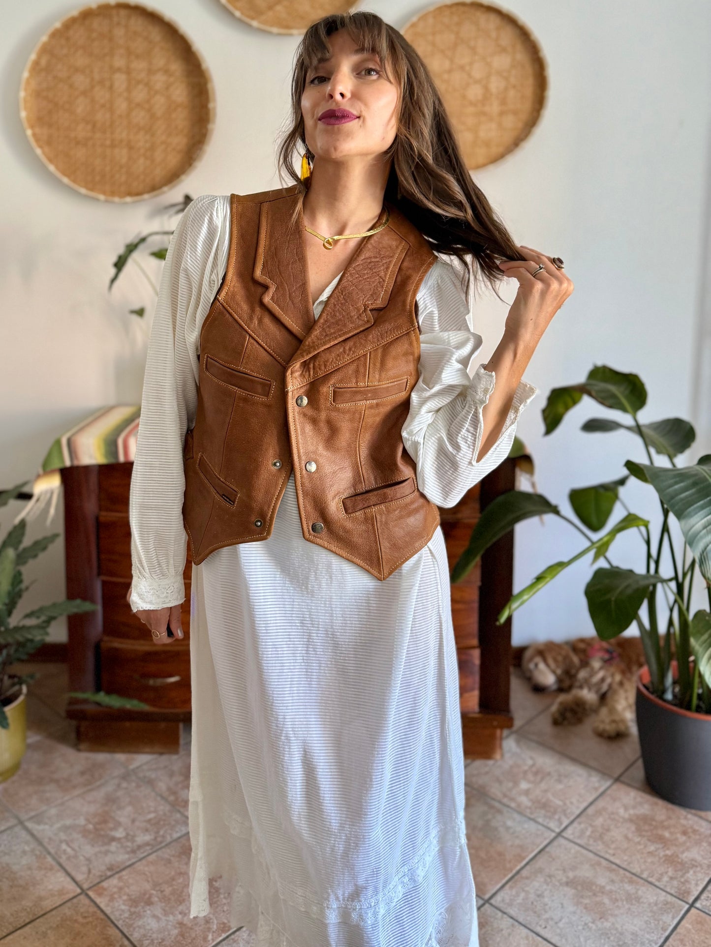 1970's vintage camell leather western vest