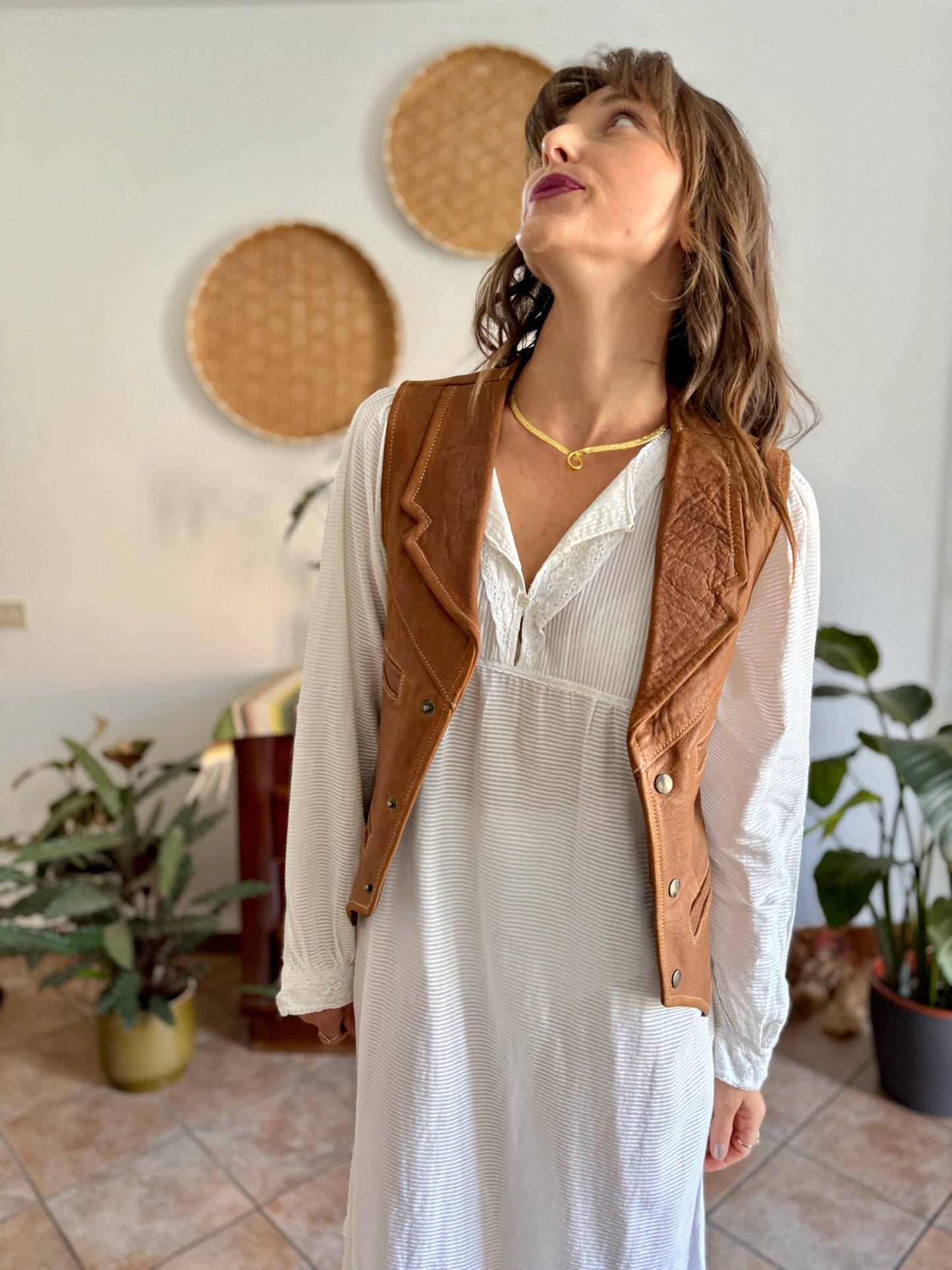 1970's vintage camell leather western vest