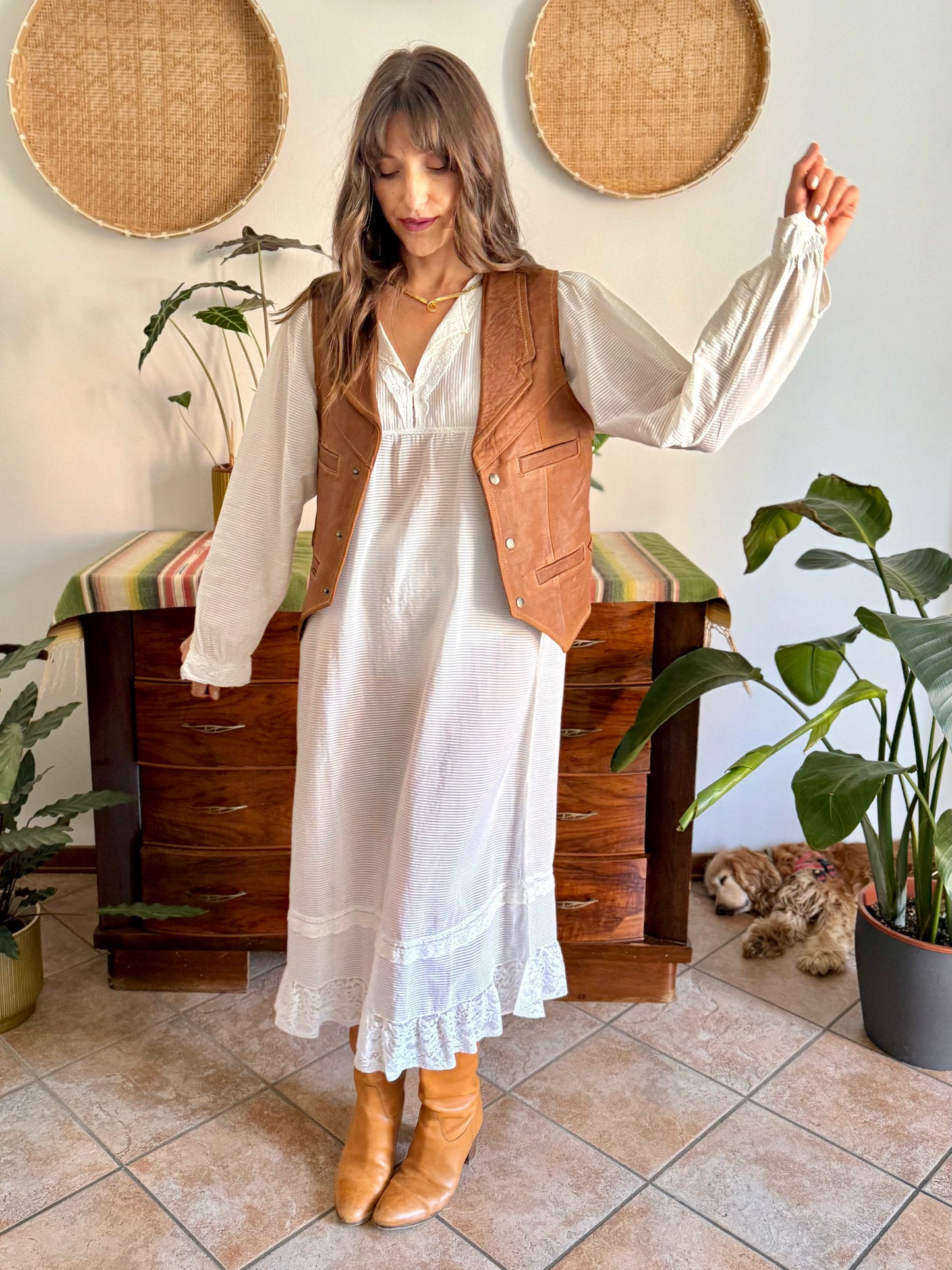 1970's vintage camell leather western vest