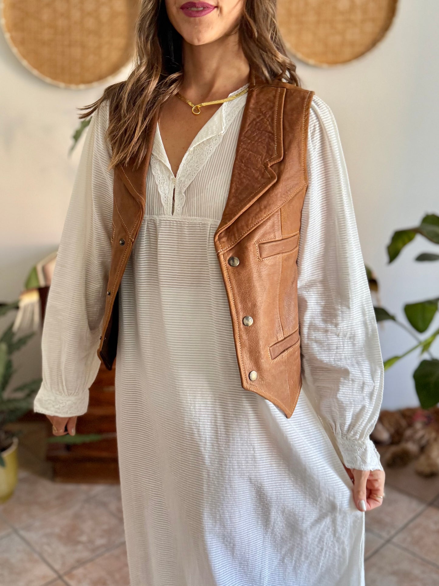 1970's vintage camell leather western vest