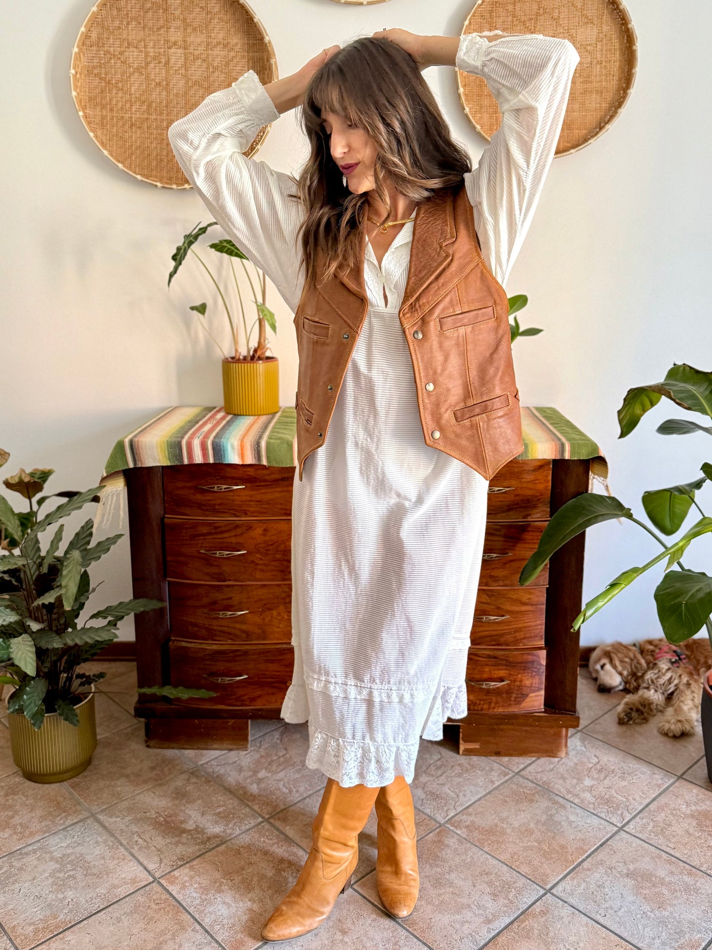 1970's vintage camell leather western vest