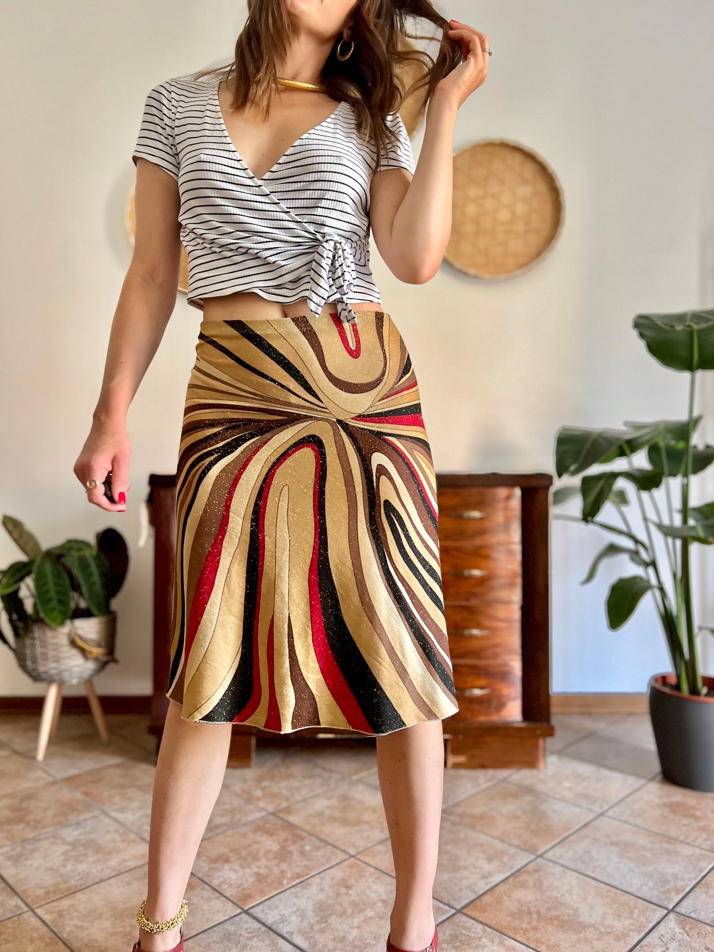1970's vintage abstract, red brown and gold midi skirt