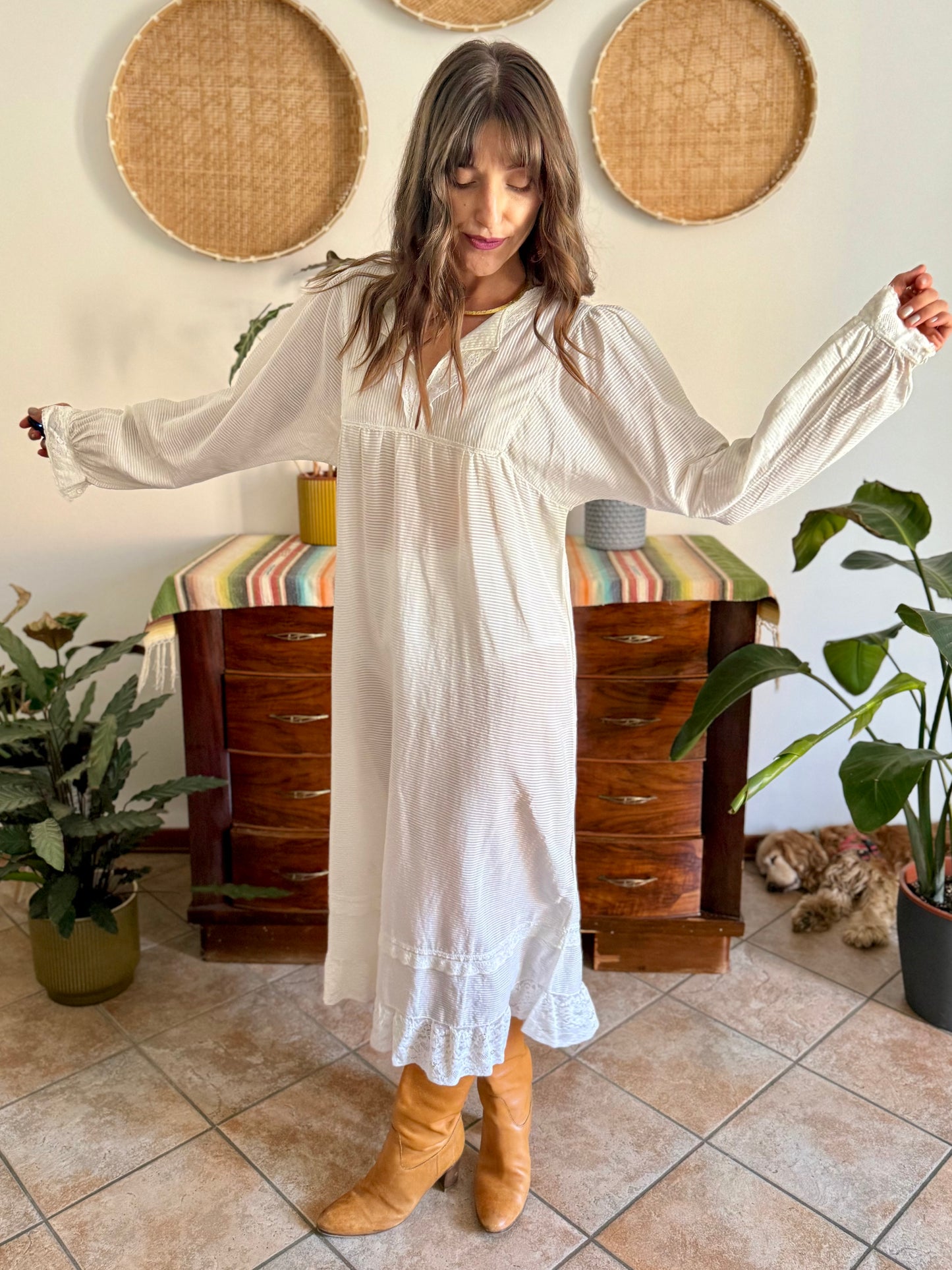 1970's vintage semi sheer horizontal stripe white prairie dress with lace detailing