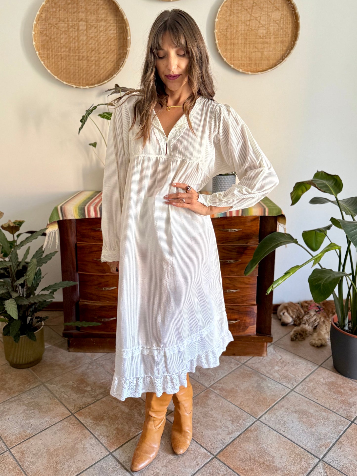 1970's vintage semi sheer horizontal stripe white prairie dress with lace detailing