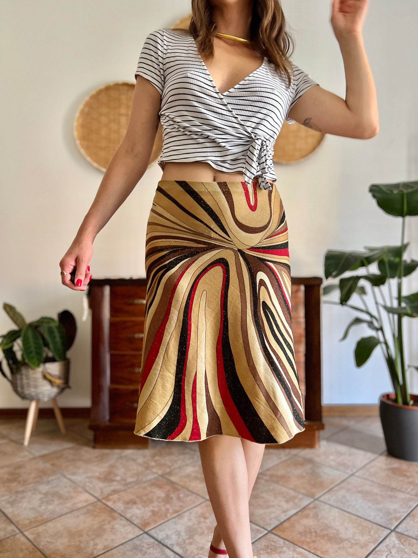 1970's vintage abstract, red brown and gold midi skirt