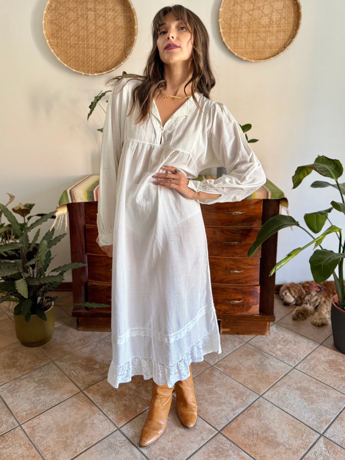 1970's vintage semi sheer horizontal stripe white prairie dress with lace detailing