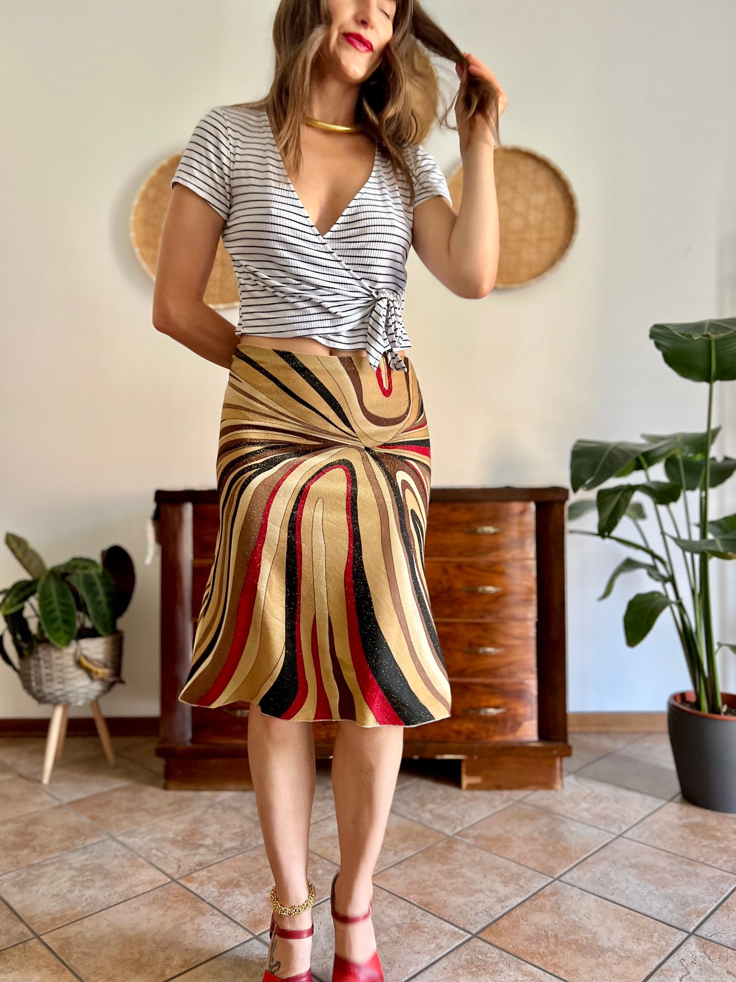 1970's vintage abstract, red brown and gold midi skirt