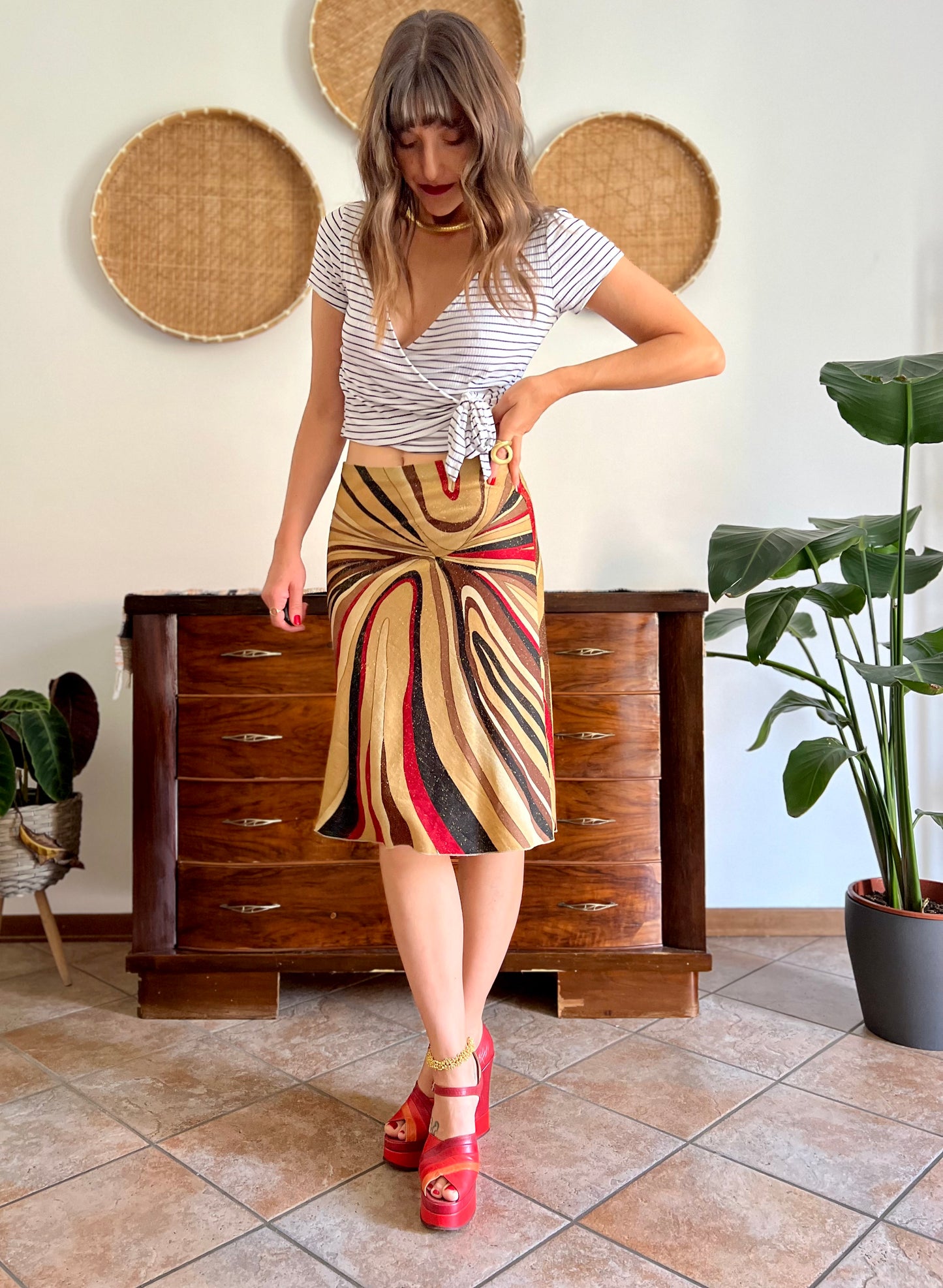 1970's vintage abstract, red brown and gold midi skirt