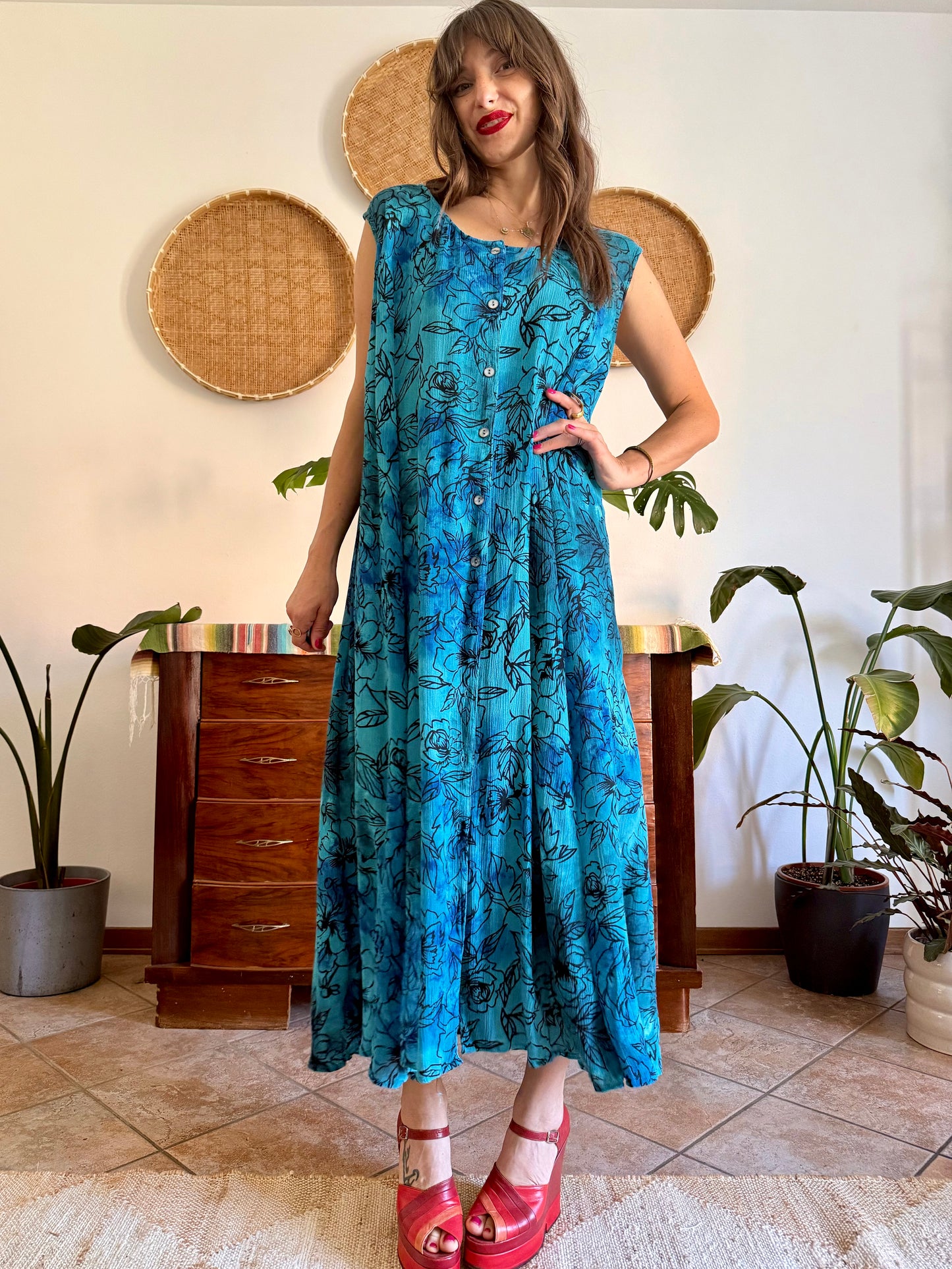 1990's vintage turquoise, black and blue button down maxi dress