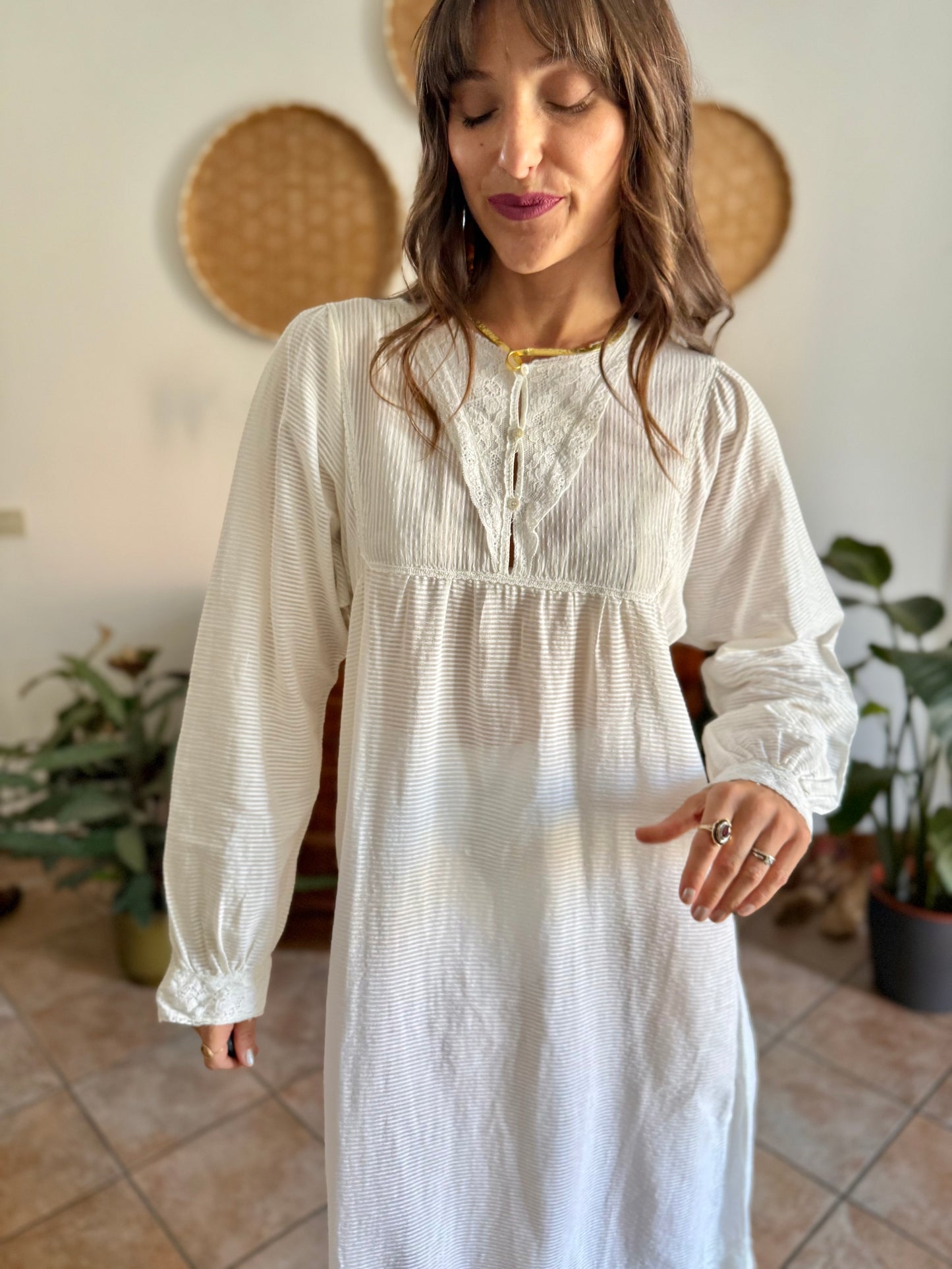 1970's vintage semi sheer horizontal stripe white prairie dress with lace detailing