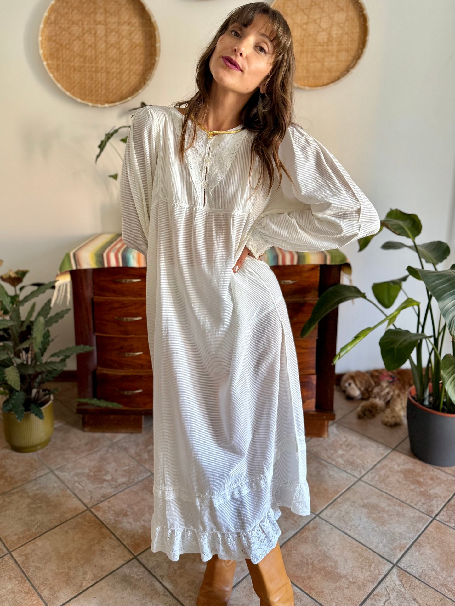 1970's vintage semi sheer horizontal stripe white prairie dress with lace detailing