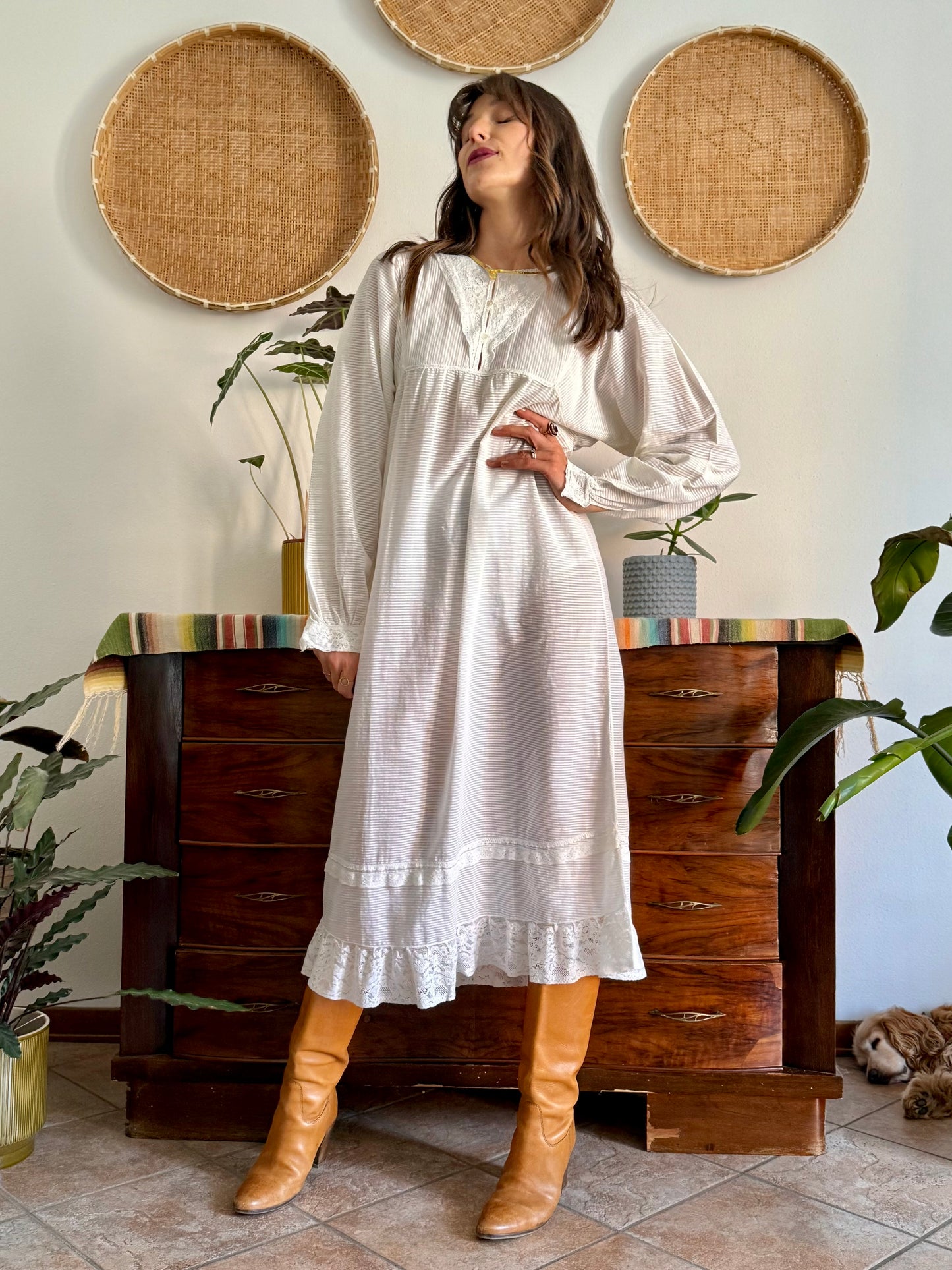 1970's vintage semi sheer horizontal stripe white prairie dress with lace detailing