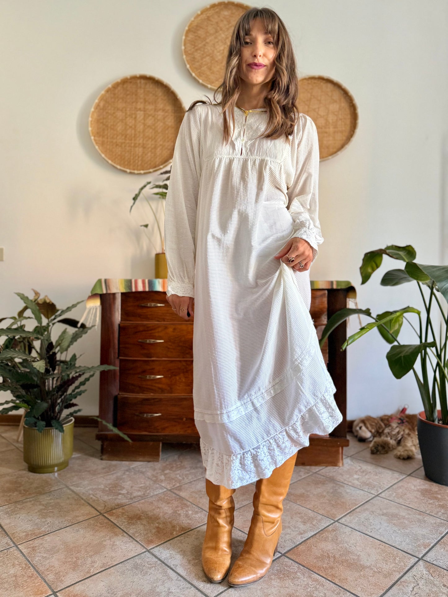 1970's vintage semi sheer horizontal stripe white prairie dress with lace detailing