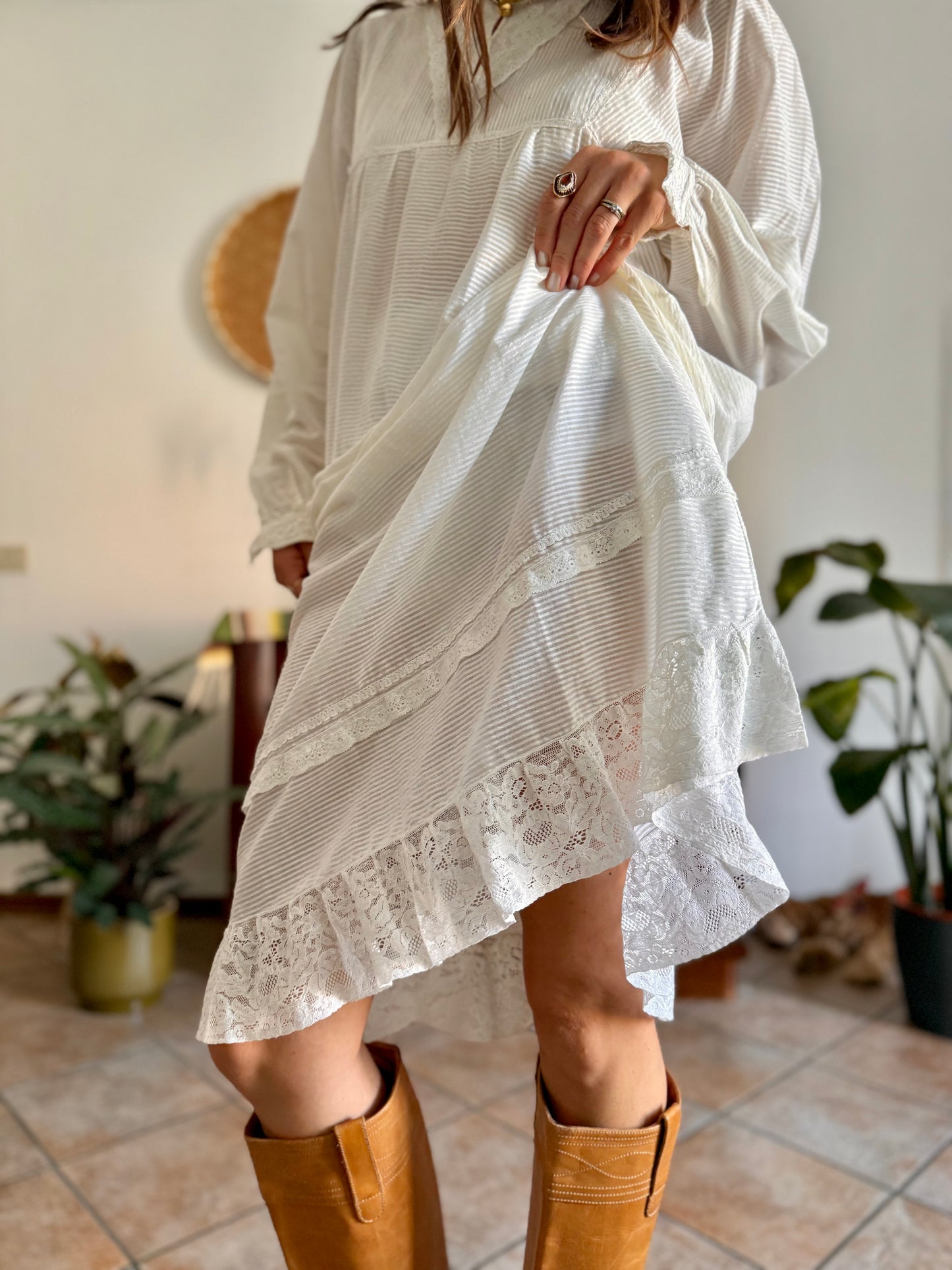 1970's vintage semi sheer horizontal stripe white prairie dress with lace detailing