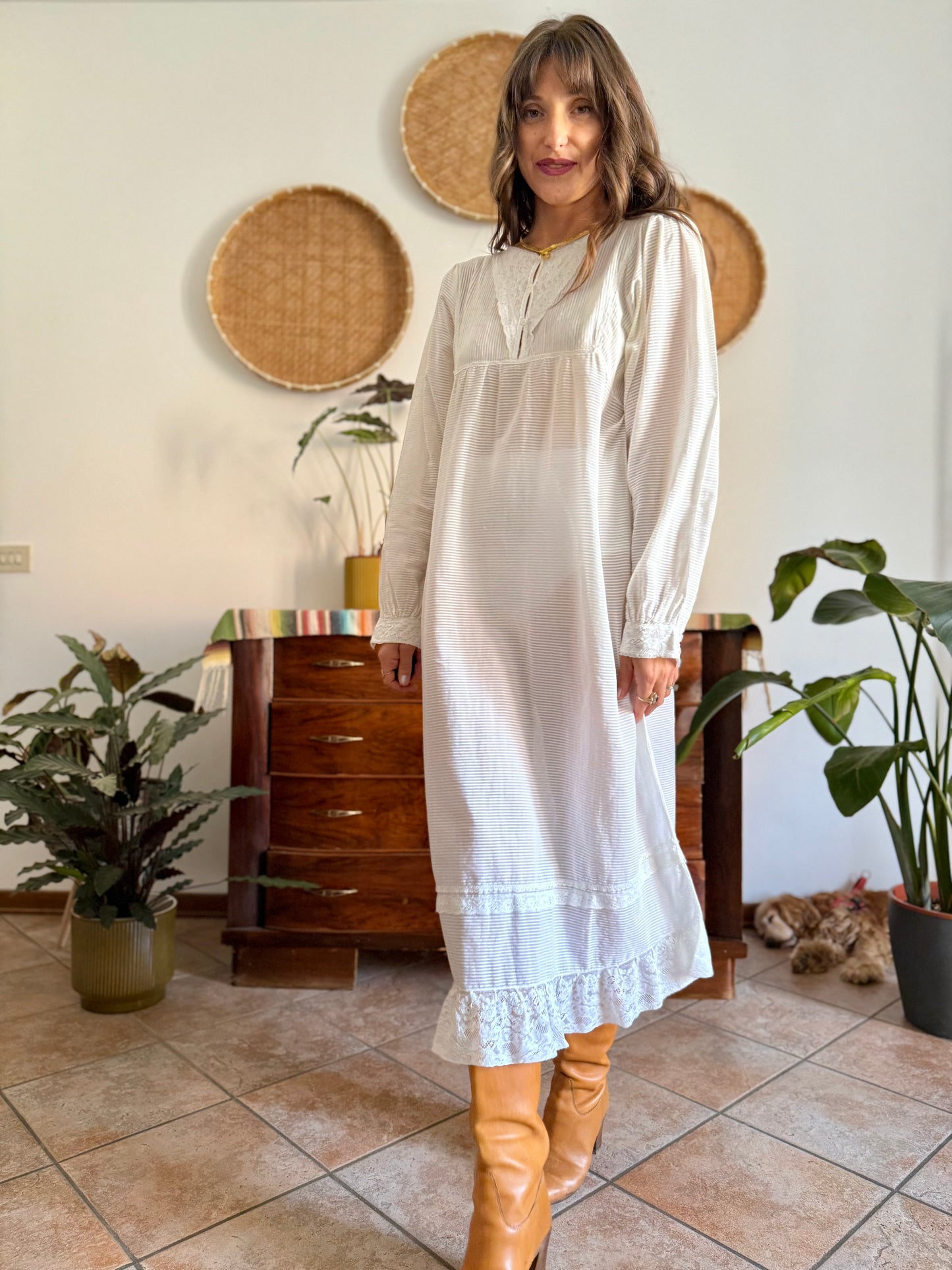 1970's vintage semi sheer horizontal stripe white prairie dress with lace detailing