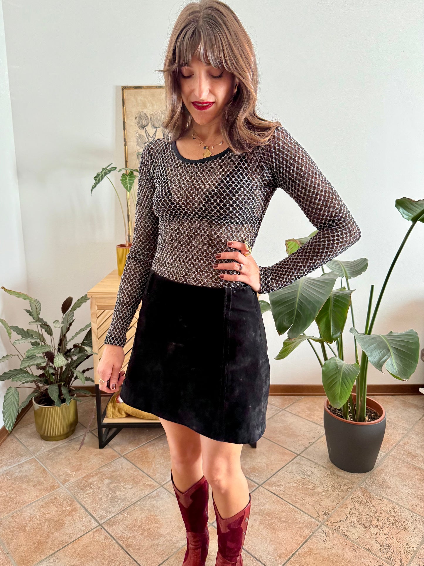 1990's vintage black and white textured woven sheer top