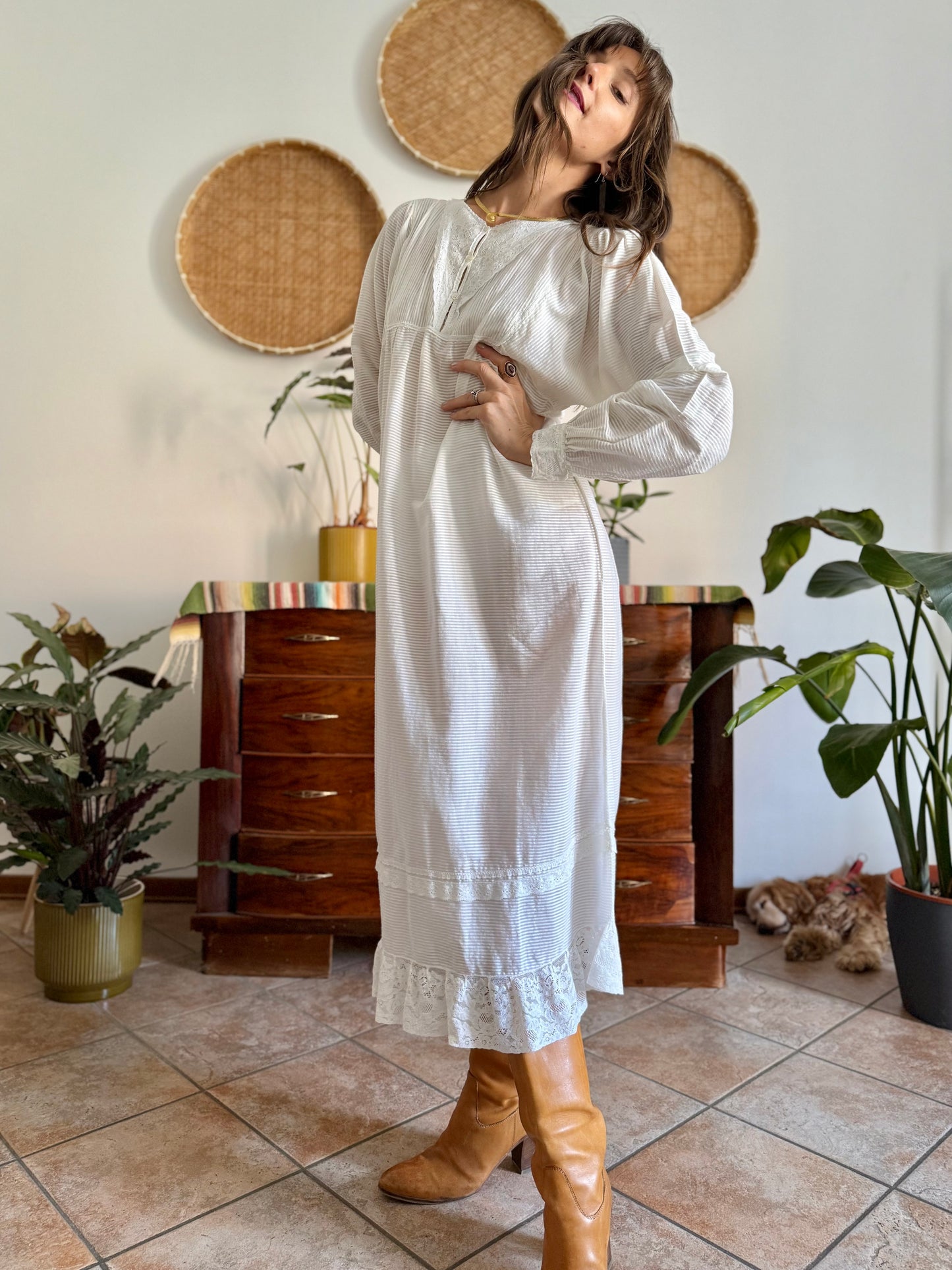 1970's vintage semi sheer horizontal stripe white prairie dress with lace detailing