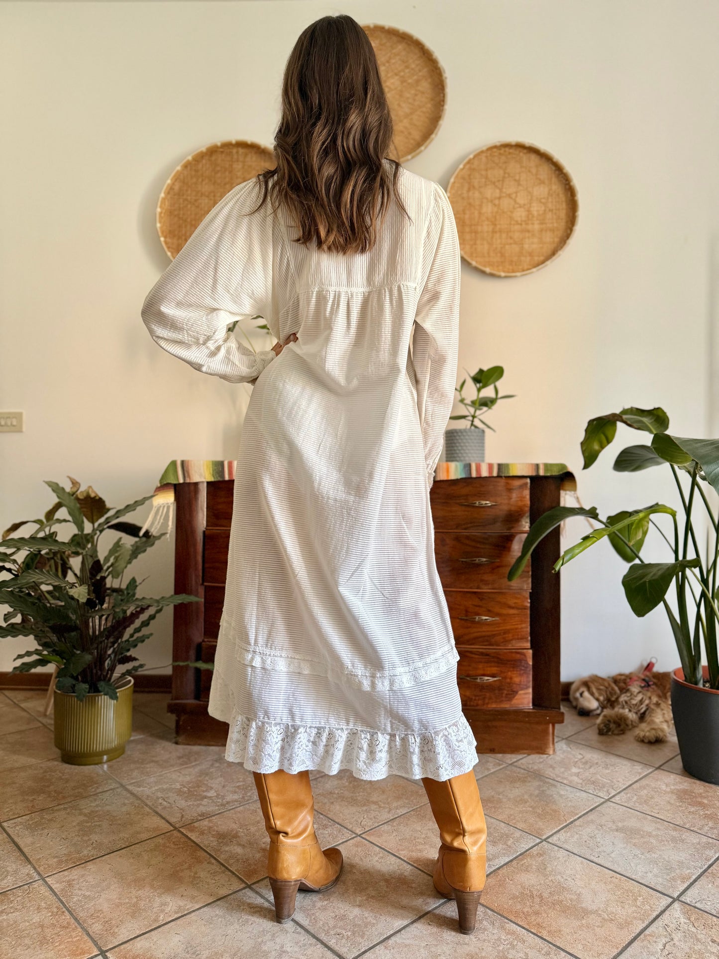 1970's vintage semi sheer horizontal stripe white prairie dress with lace detailing