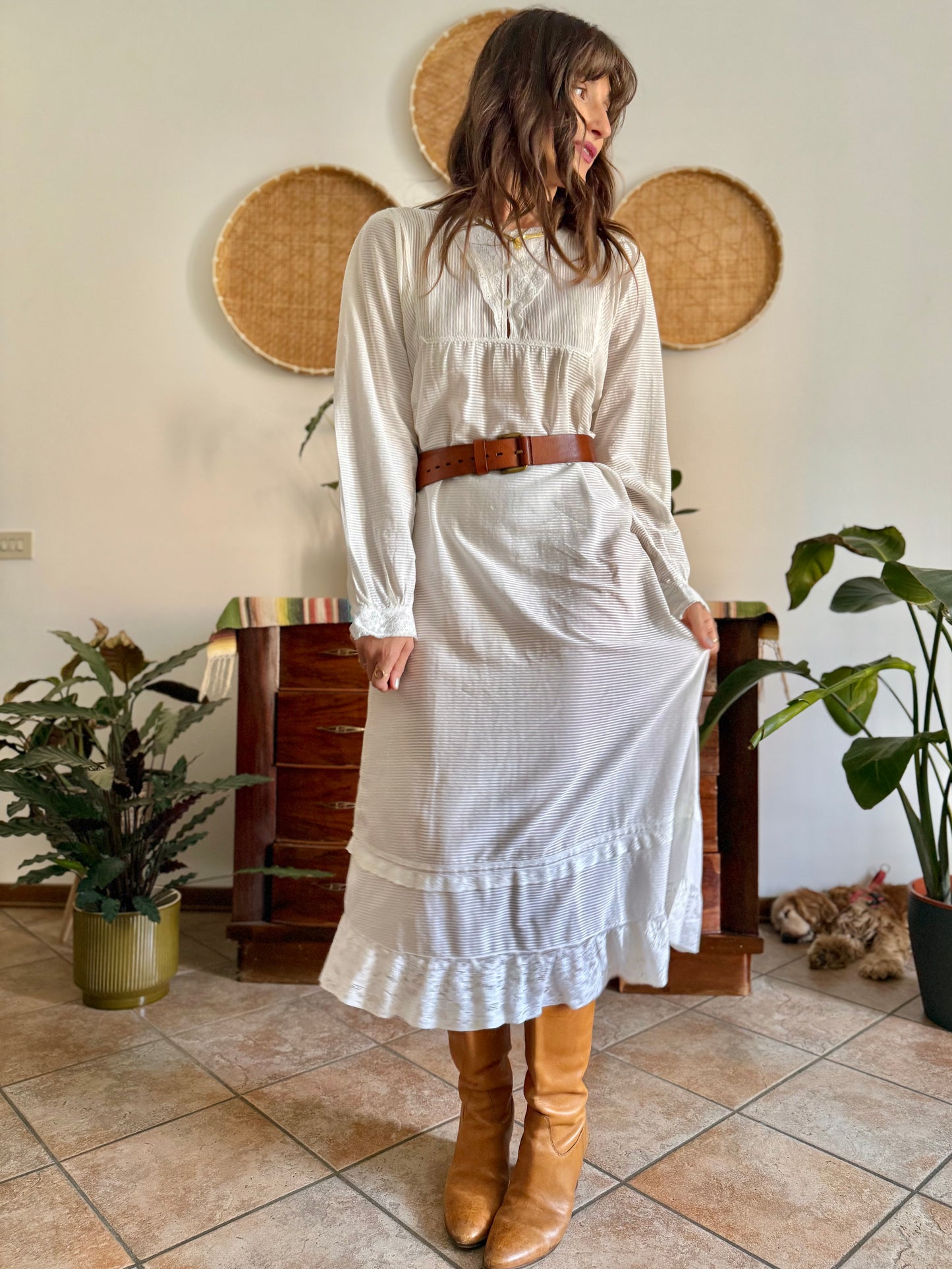 1970's vintage semi sheer horizontal stripe white prairie dress with lace detailing