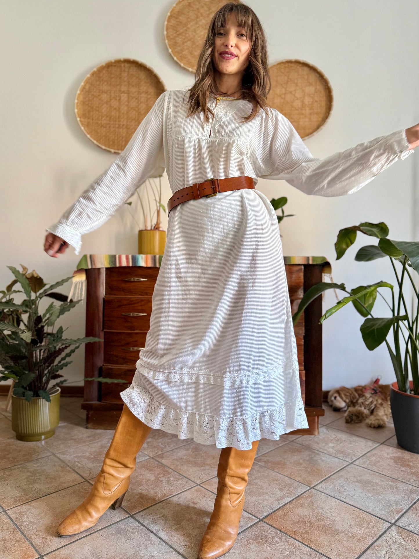 1970's vintage semi sheer horizontal stripe white prairie dress with lace detailing