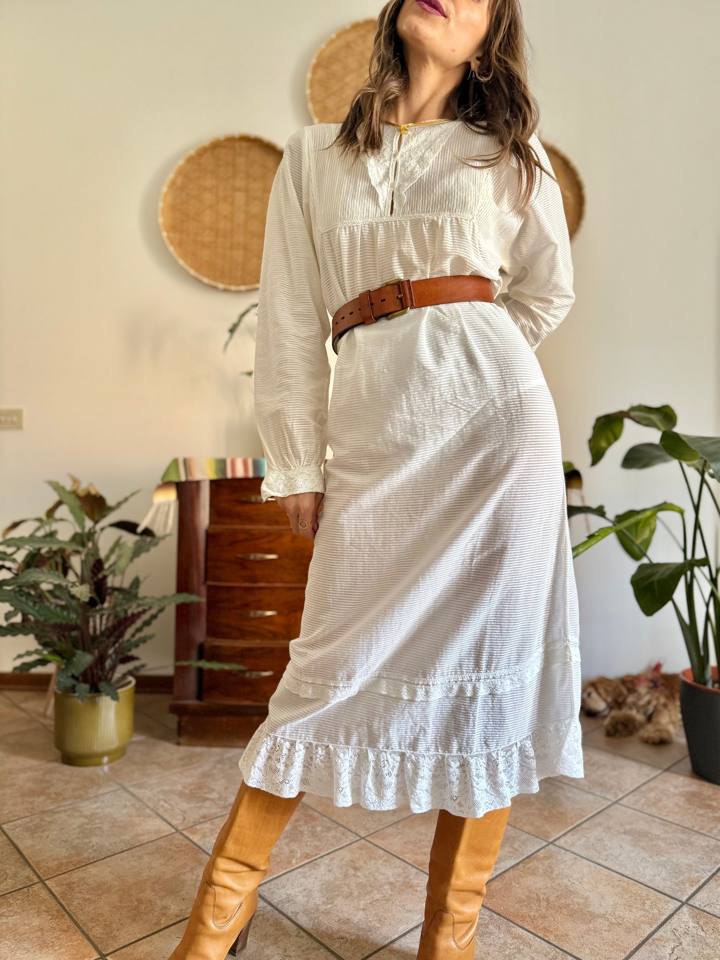1970's vintage semi sheer horizontal stripe white prairie dress with lace detailing