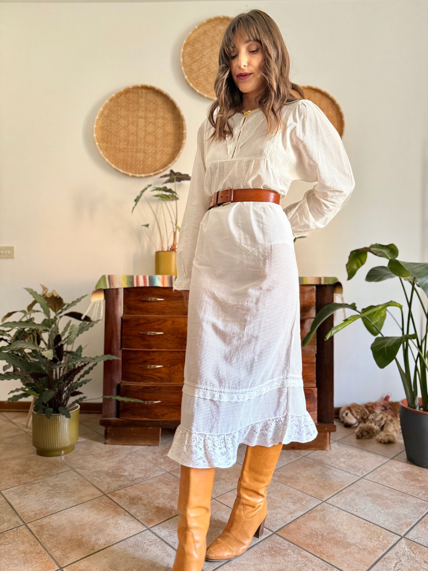 1970's vintage semi sheer horizontal stripe white prairie dress with lace detailing