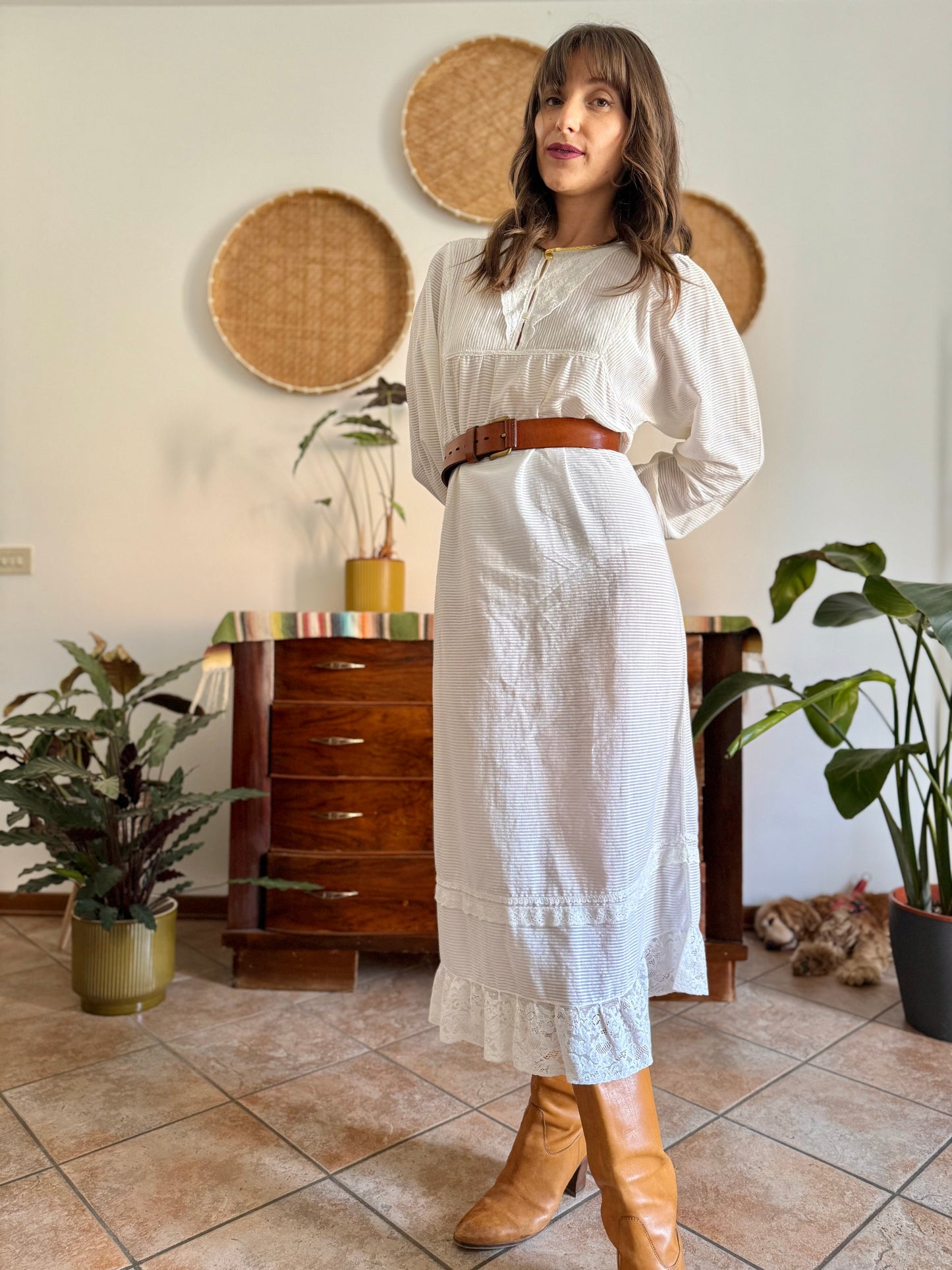 1970's vintage semi sheer horizontal stripe white prairie dress with lace detailing